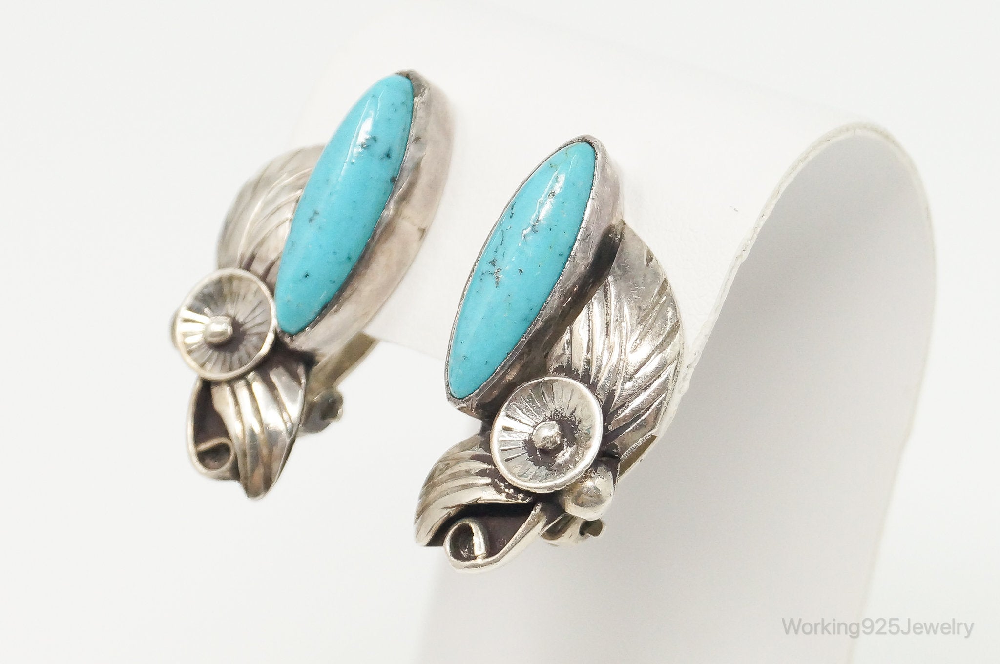 Vintage Native American Milton Lee Turquoise Sterling Silver Clip On Earrings