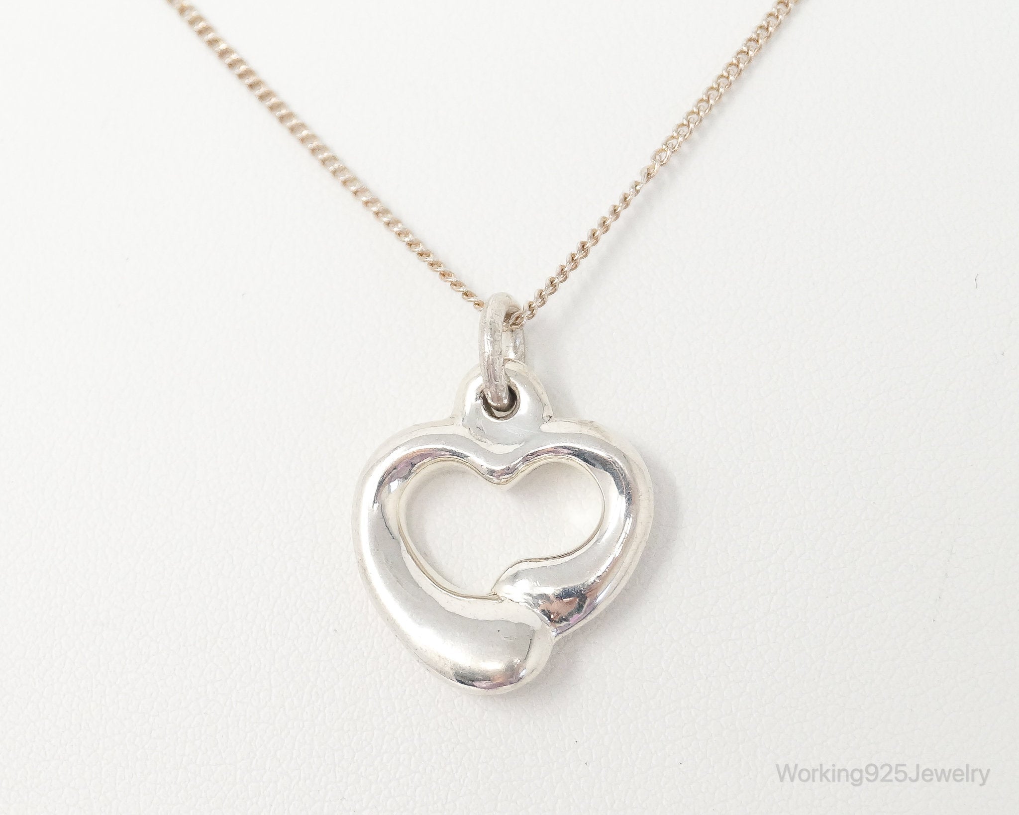 Vintage Puffy Hollow Heart Sterling Silver Necklace