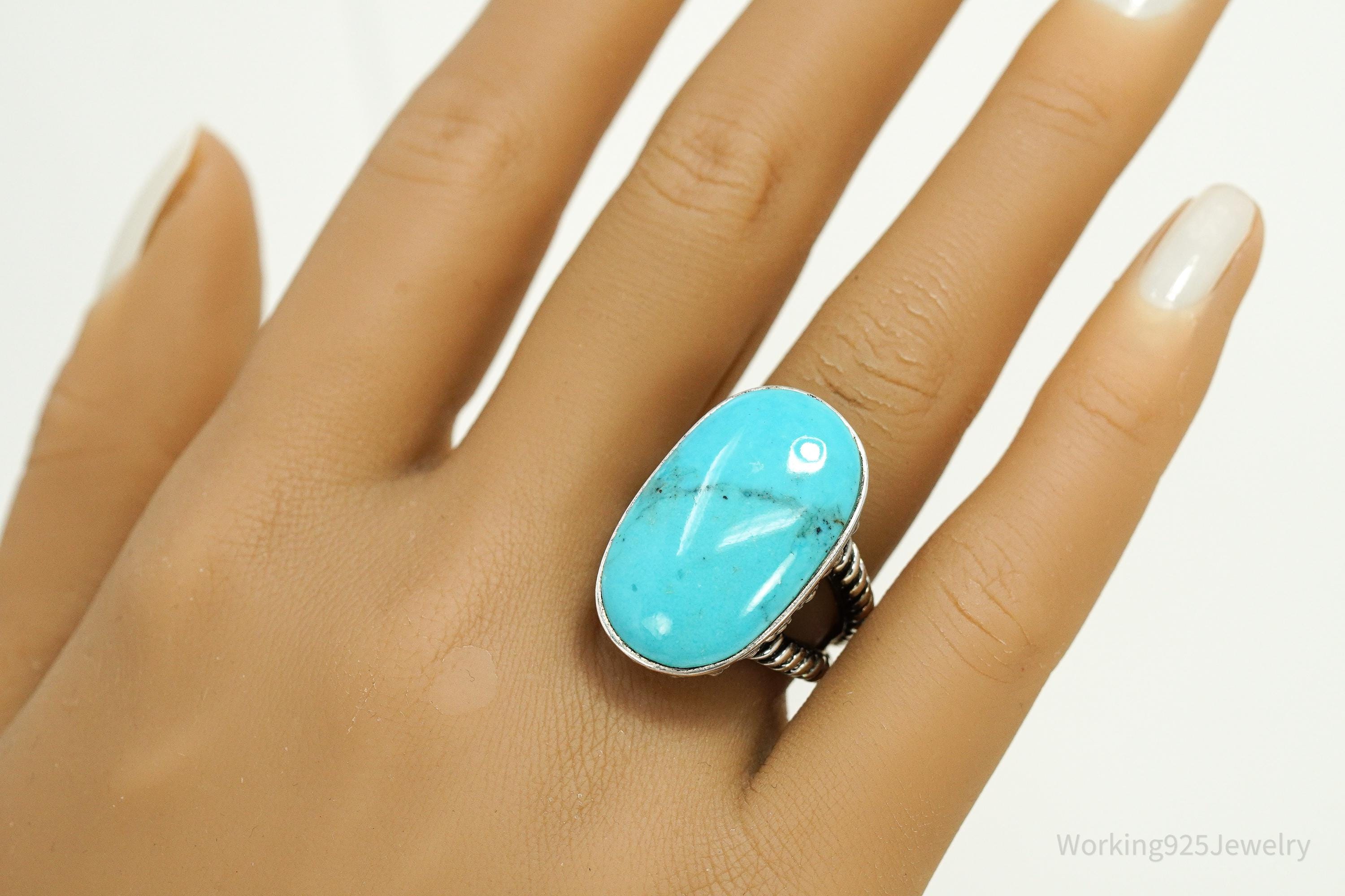 Vintage Designer SX Large Turquoise Sterling Silver Ring - Size 7