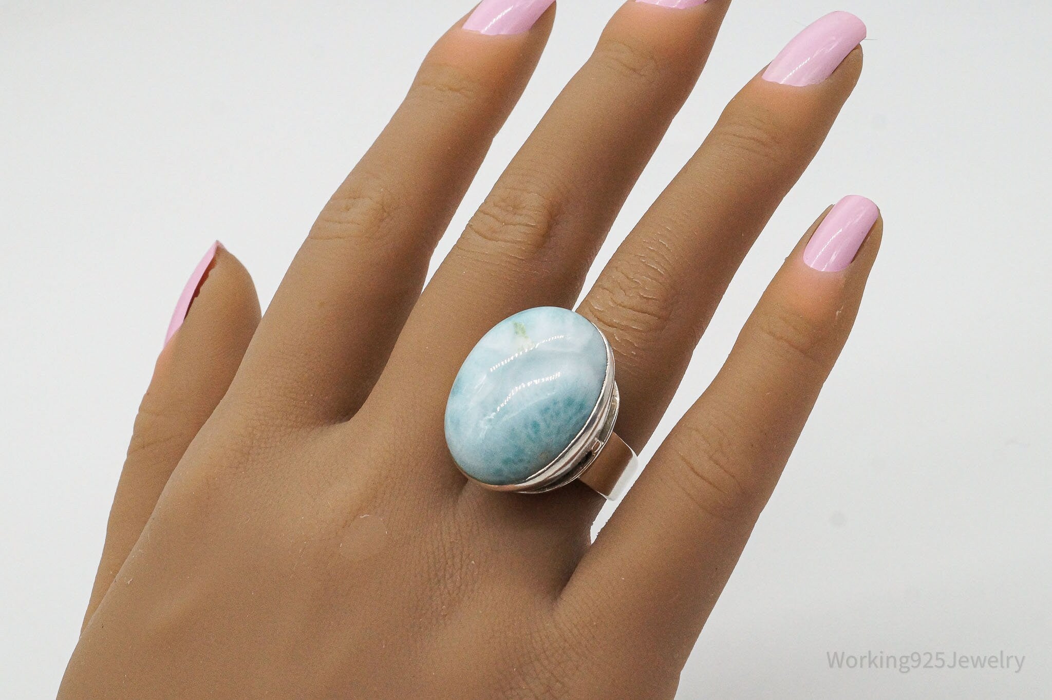 Vintage Large Blue Larimar Sterling Silver Ring - Size 6.75