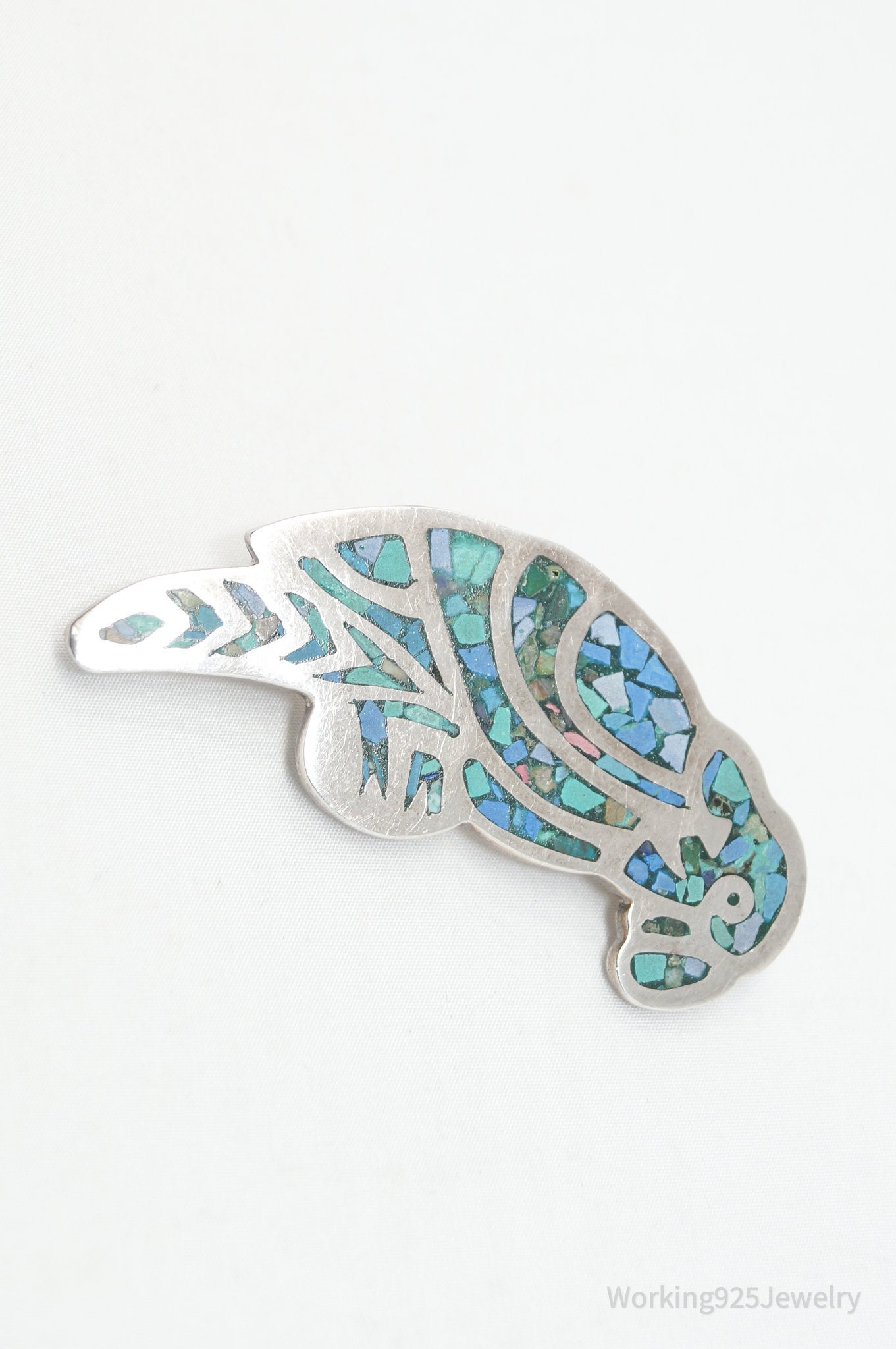 Vintage Mexican Turquoise Mosaic Inlay Parrot Sterling Silver Brooch Pin