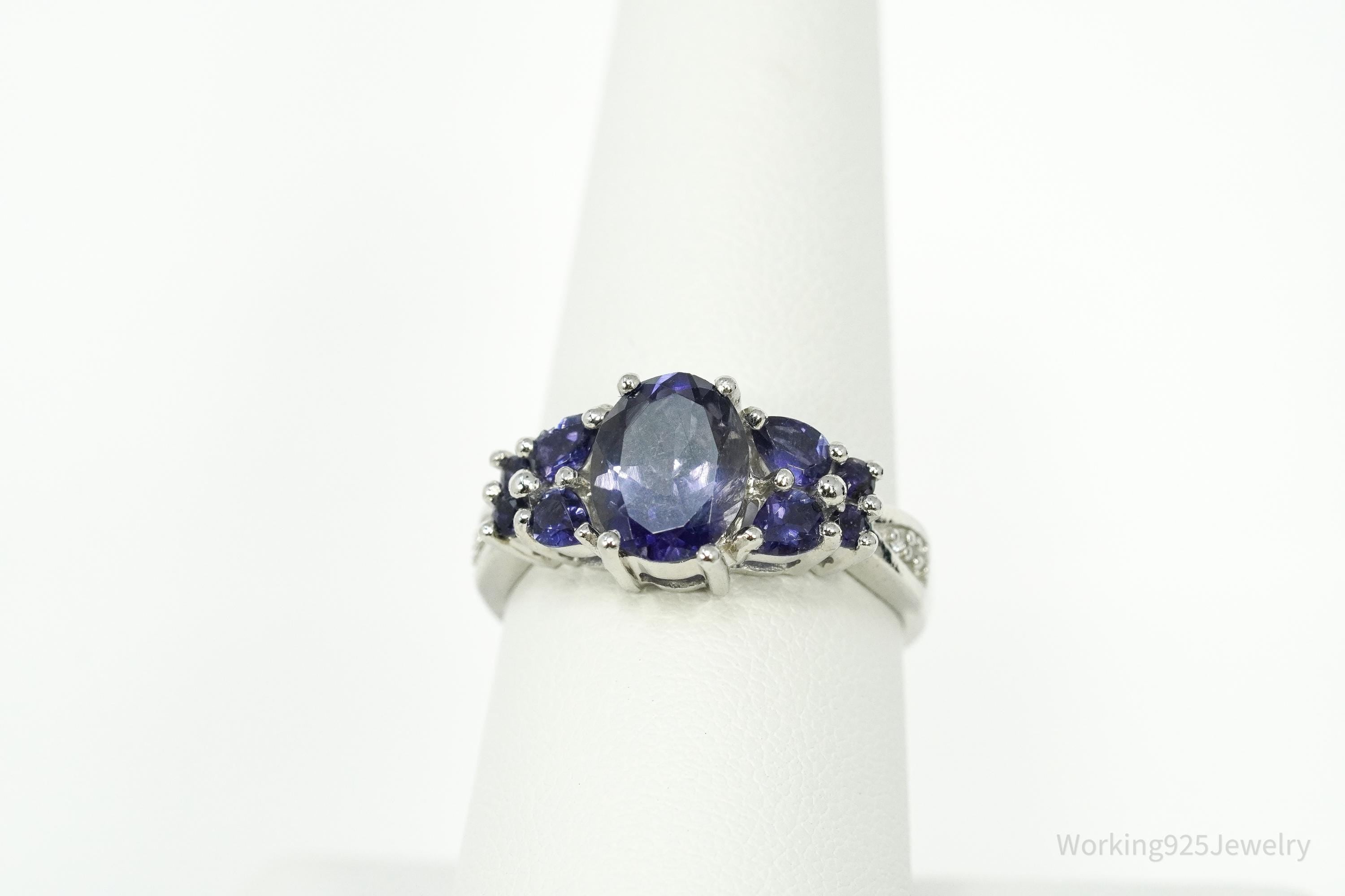 Iolite & White Zircon Rhodium Over Sterling Silver Ring - Size 7.75