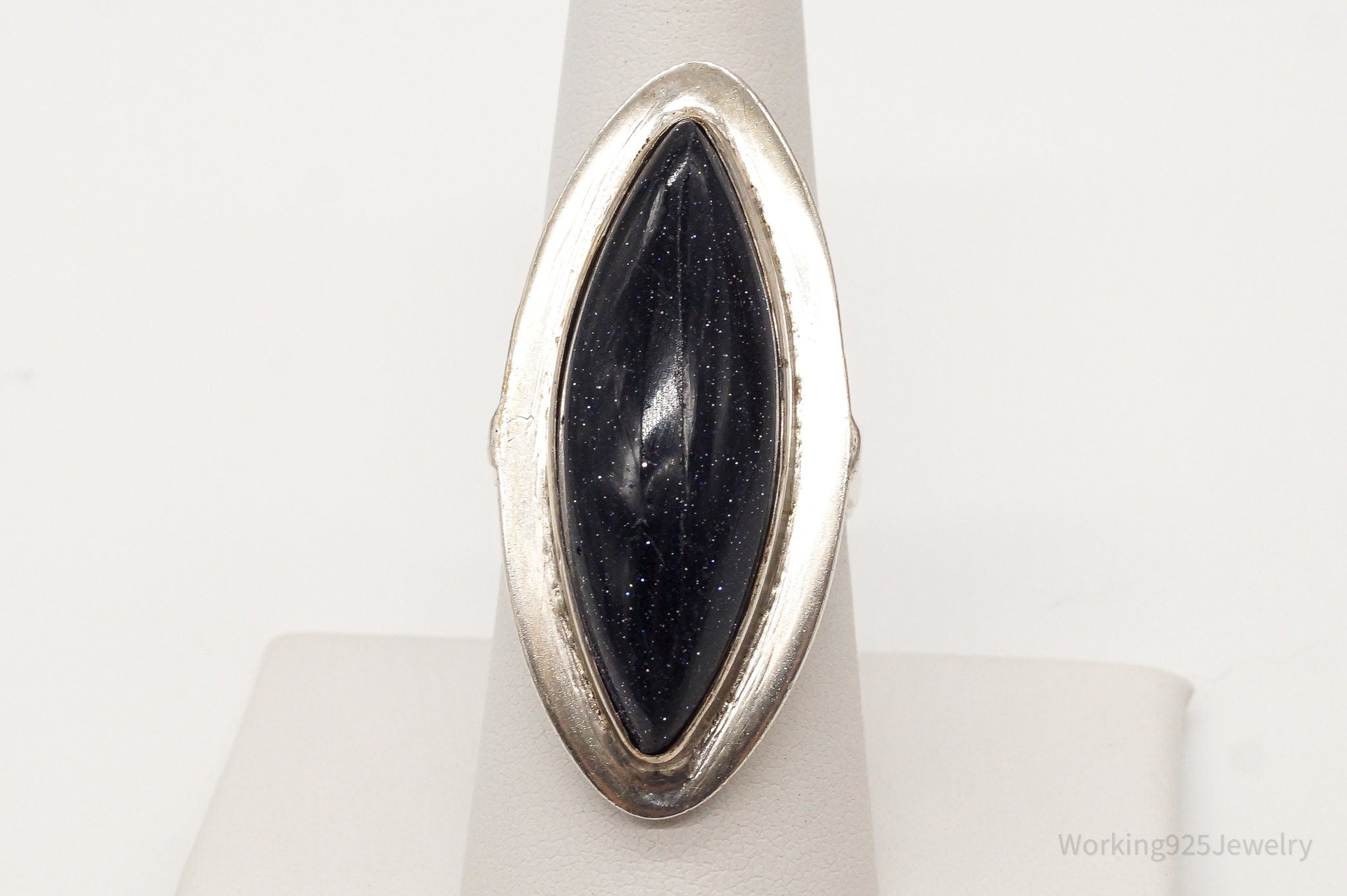 Vintage Long Blue Goldstone Silver Ring - Size 7.5