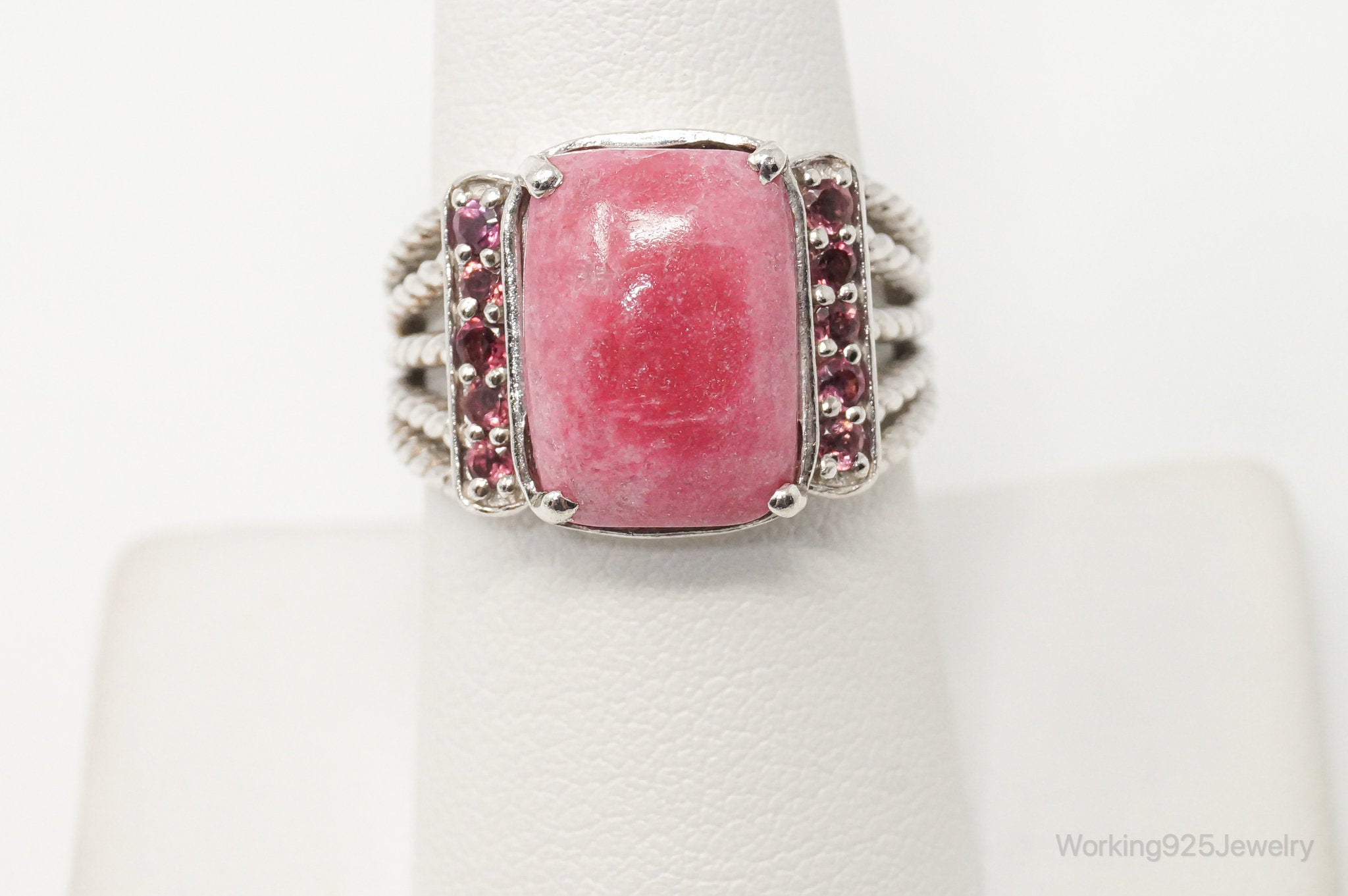 Vintage Thulite Pink CZ Cable Sterling Silver Statement Ring - Size 8