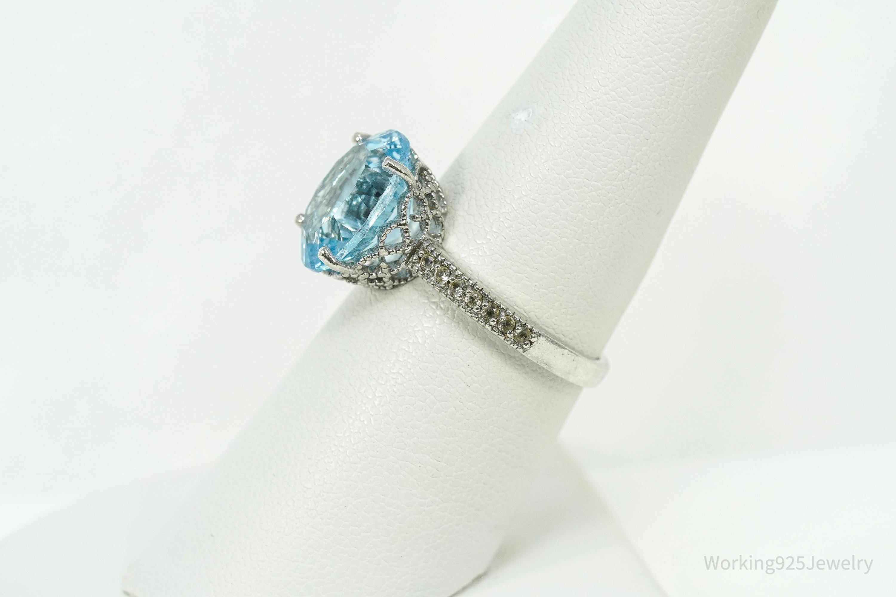 Vintage Blue & White Topaz Sterling Silver Ring - Size 7.25