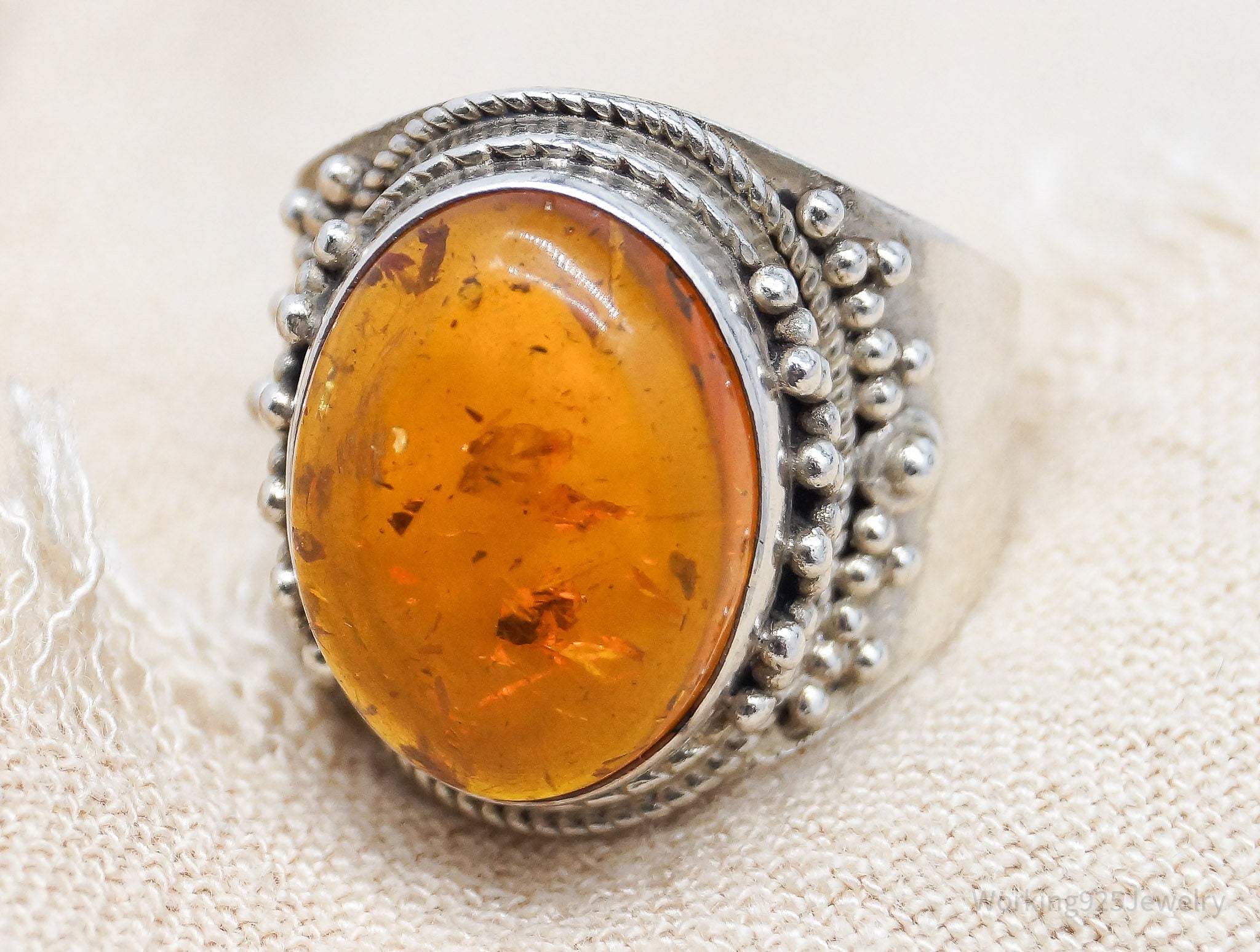 Vintage Amber Sterling Silver Ring - Size 9.75