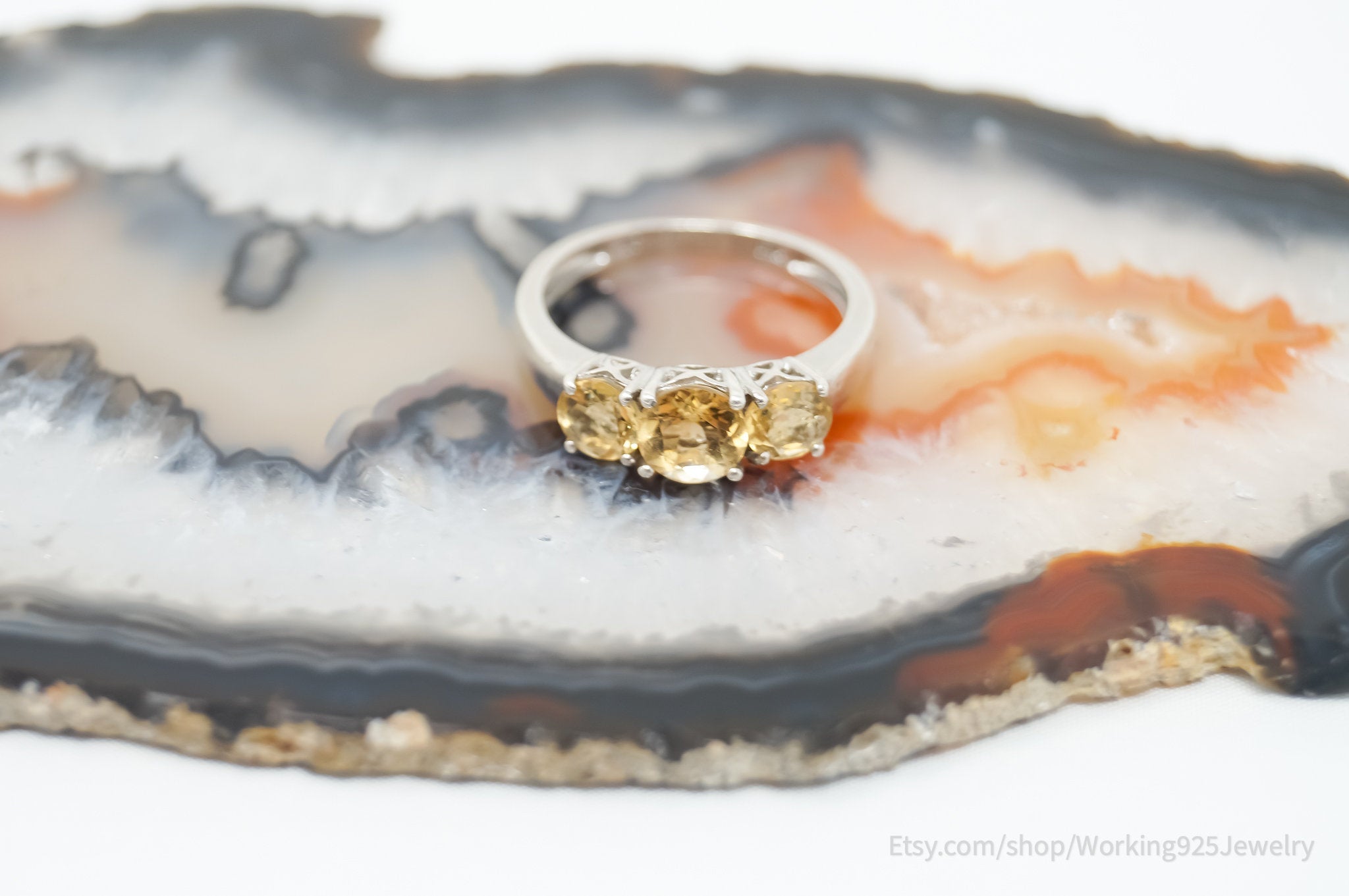 Vintage Designer HT Art Deco Citrine Sterling Silver Ring - Sz 8