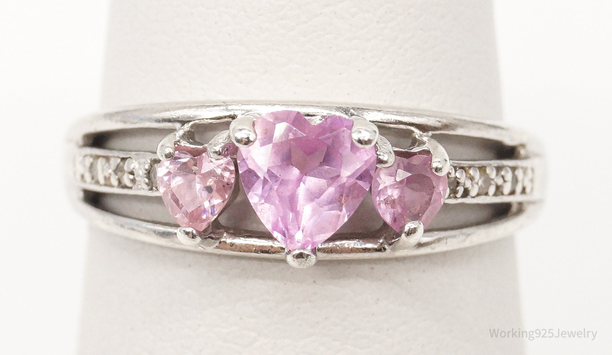 Vintage Pink Topaz Hearts Cubic Zirconia Silver Ring - Size 6