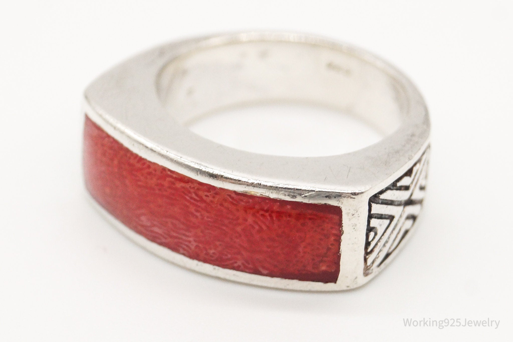 Vintage Red Resin Sterling Silver Ring - Size 5.75