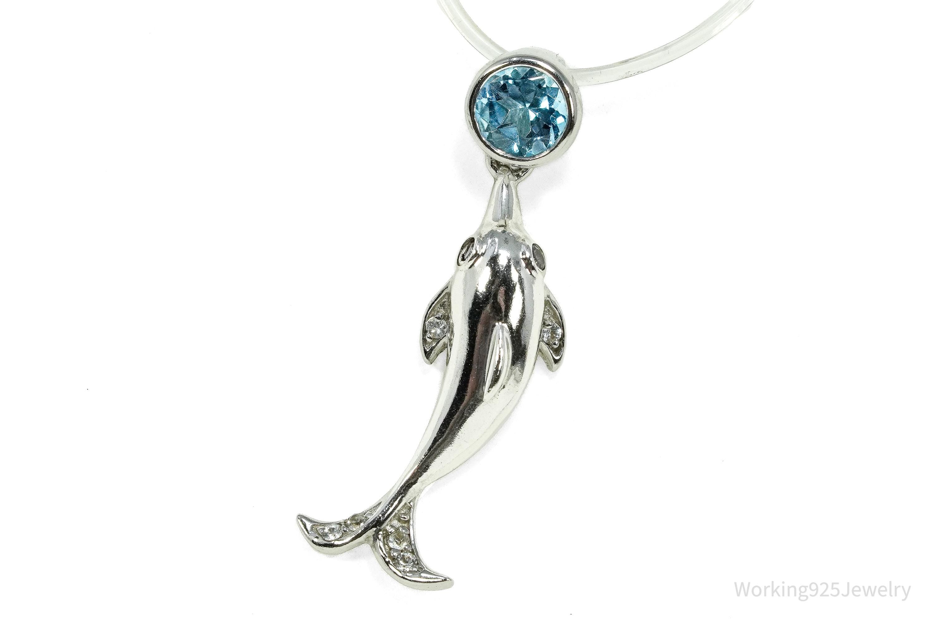 Vintage Blue Topaz Dolphin Sterling Silver Necklace Pendant 1 1/8"