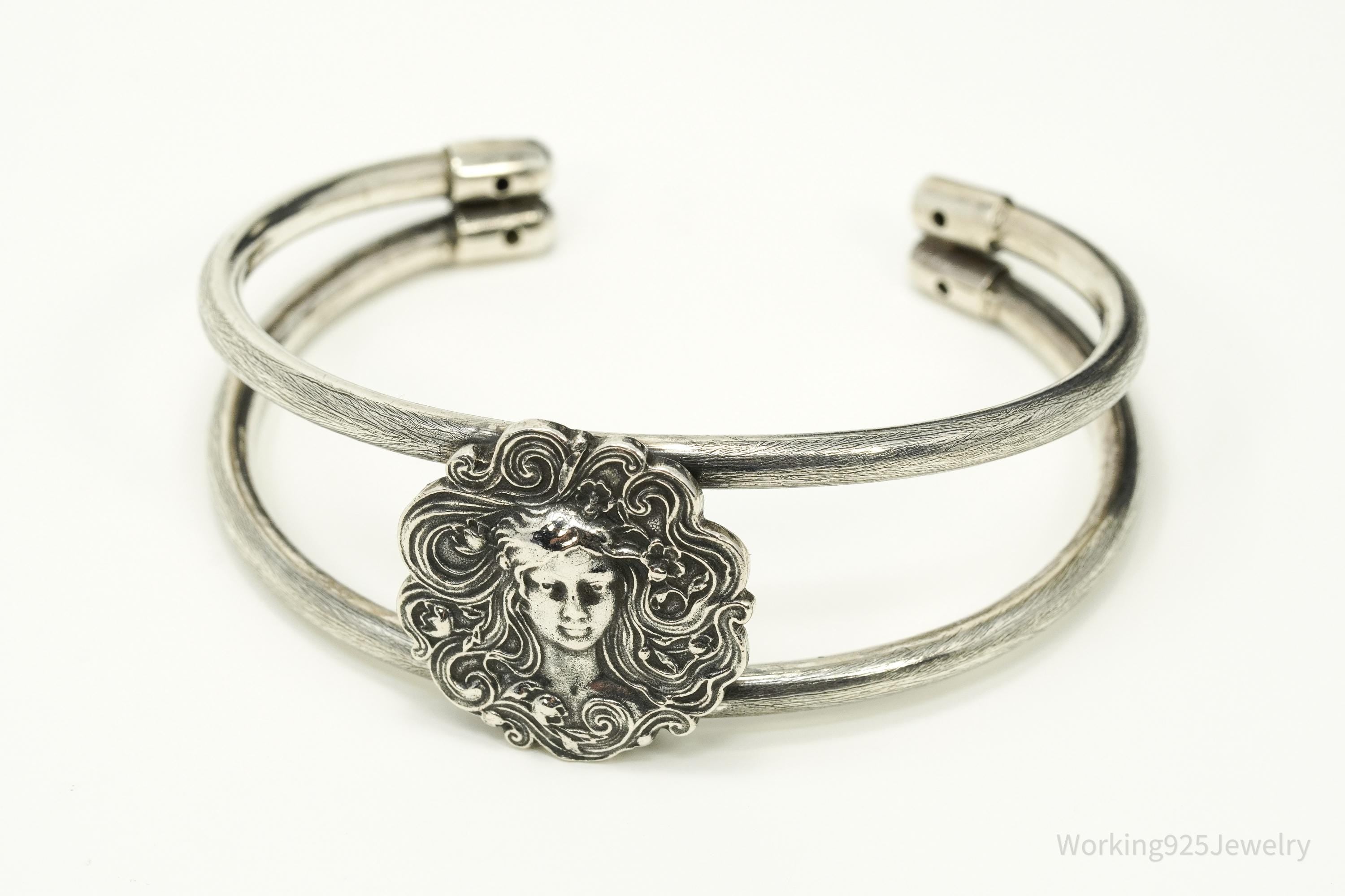 Vintage Art Nouveau Style Sterling Silver Cuff Bracelet 7.5"