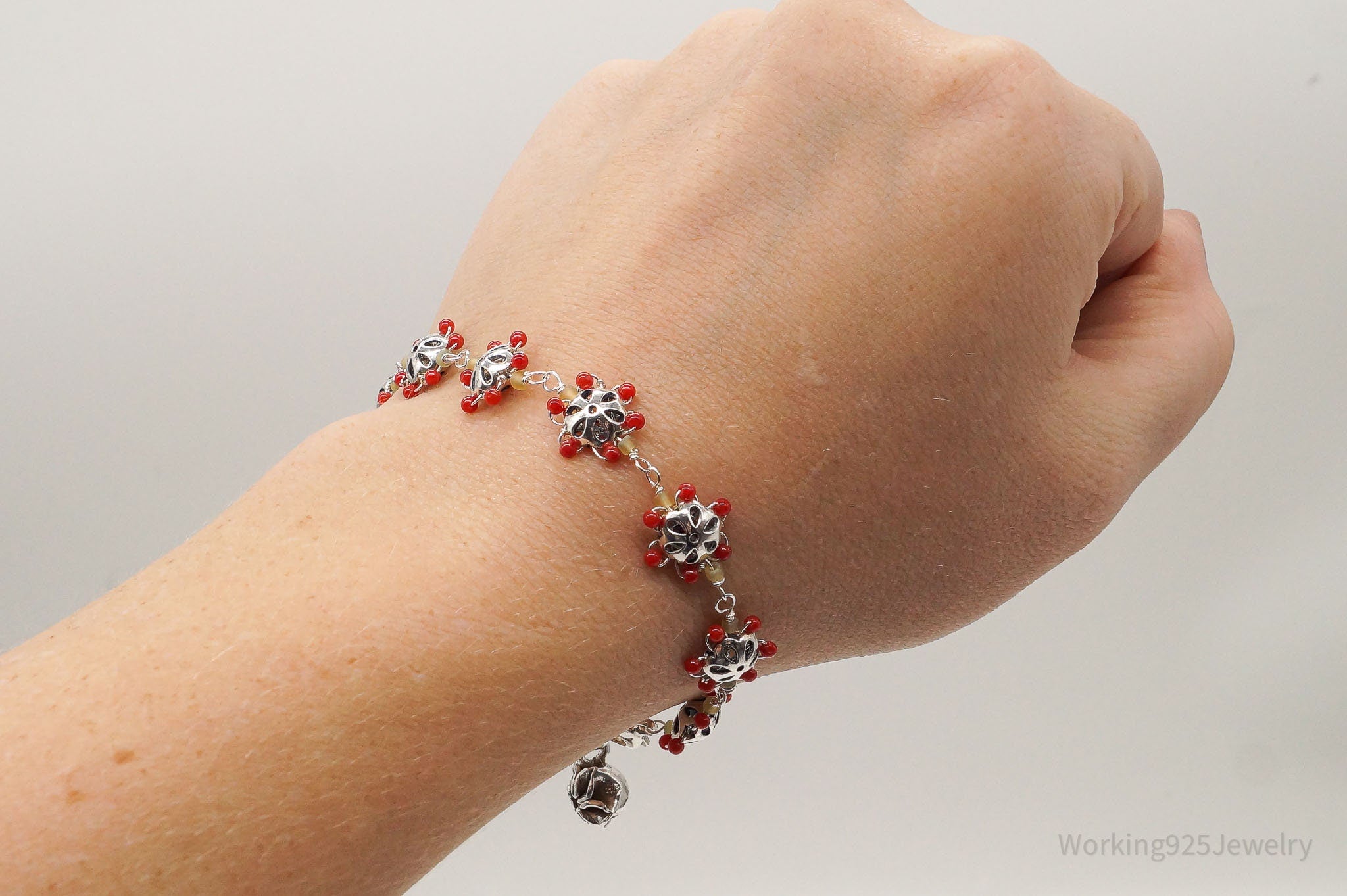 Vintage Intricate Glass Beads Flowers Sterling Silver Bracelet