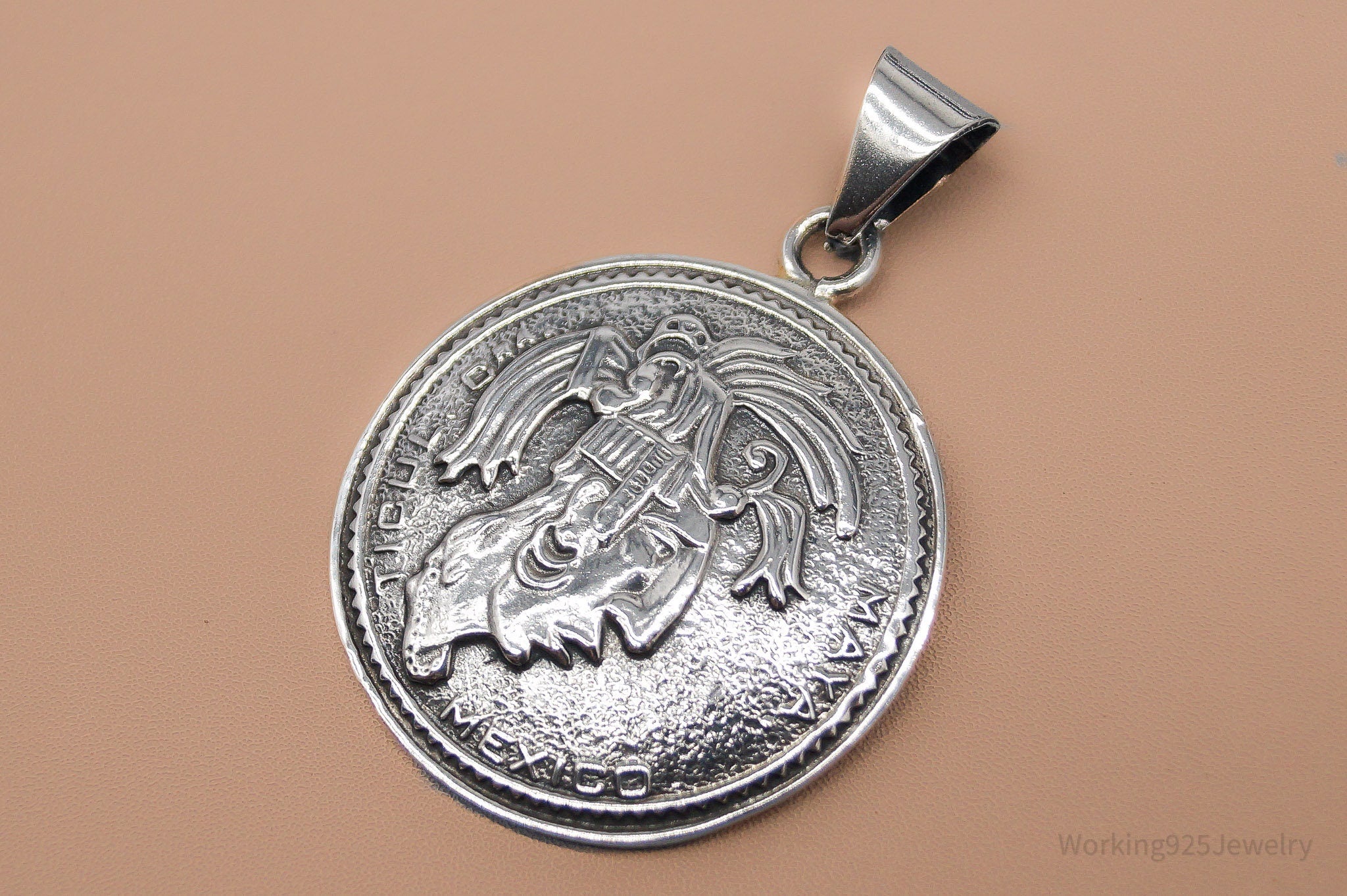 Large Vintage Mexico Mayan Warrior Sterling Silver Pendant