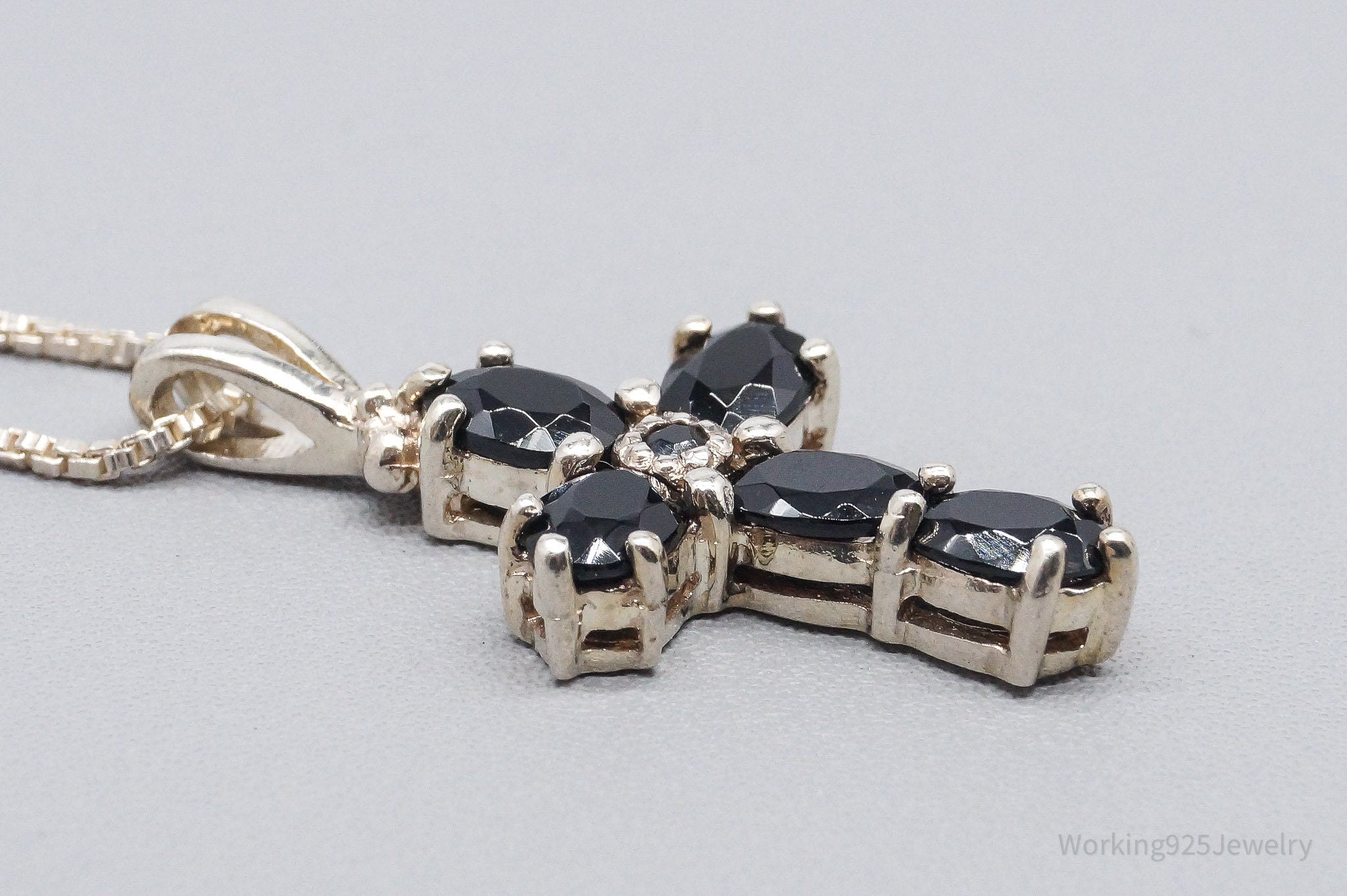 Vintage Black Spinel Cross Sterling Silver Necklace - 18"