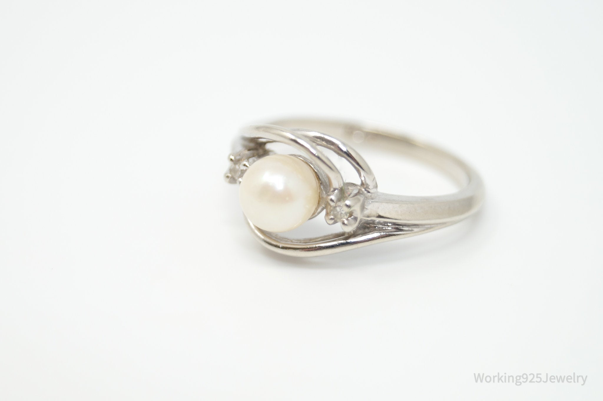 Vtg 10K Gold Diamond Pearl Art Nouveau Ring - Size 6.5