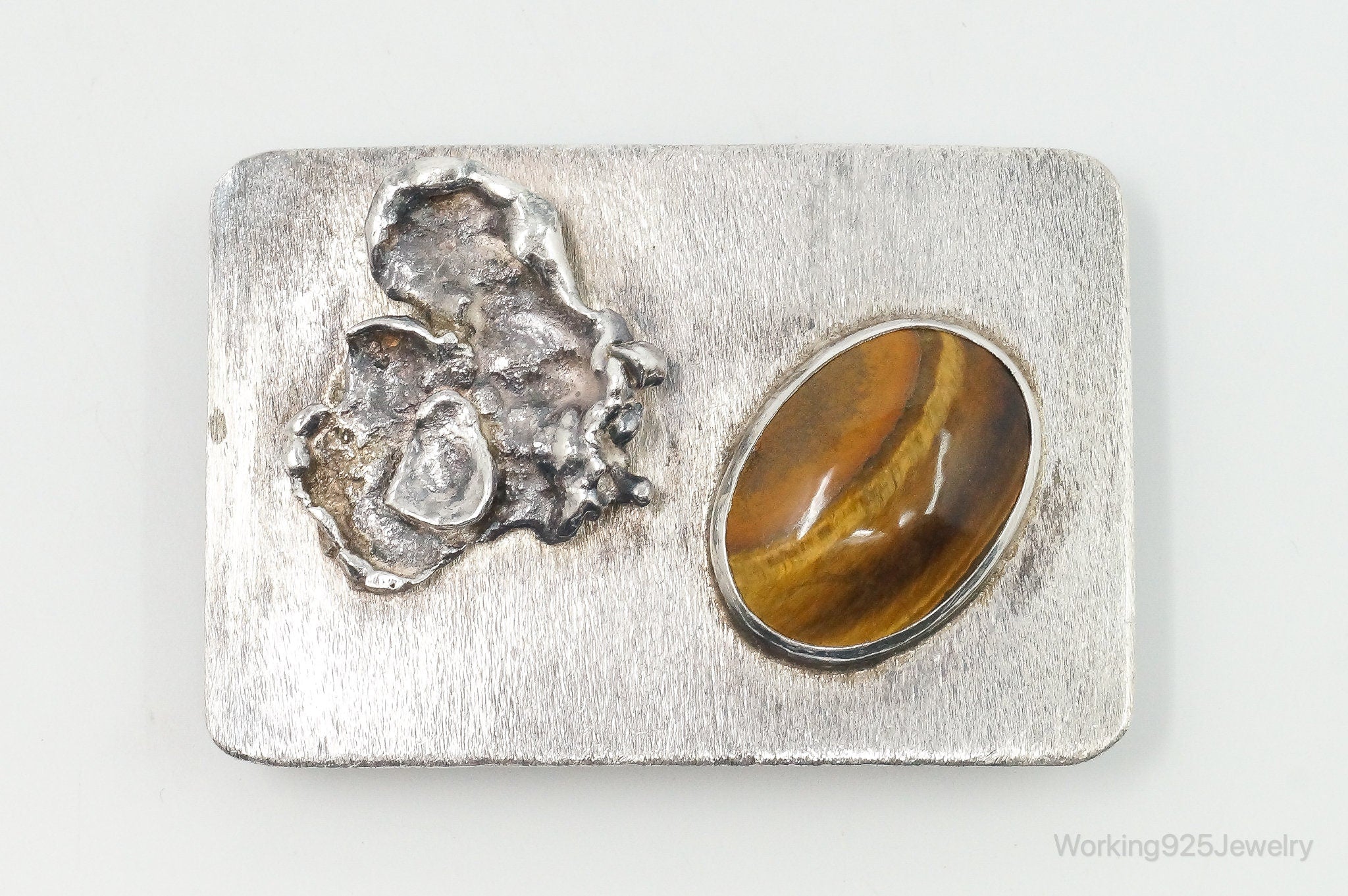 Vintage Modernist Tigers Eye Sterling Silver Belt Buckle