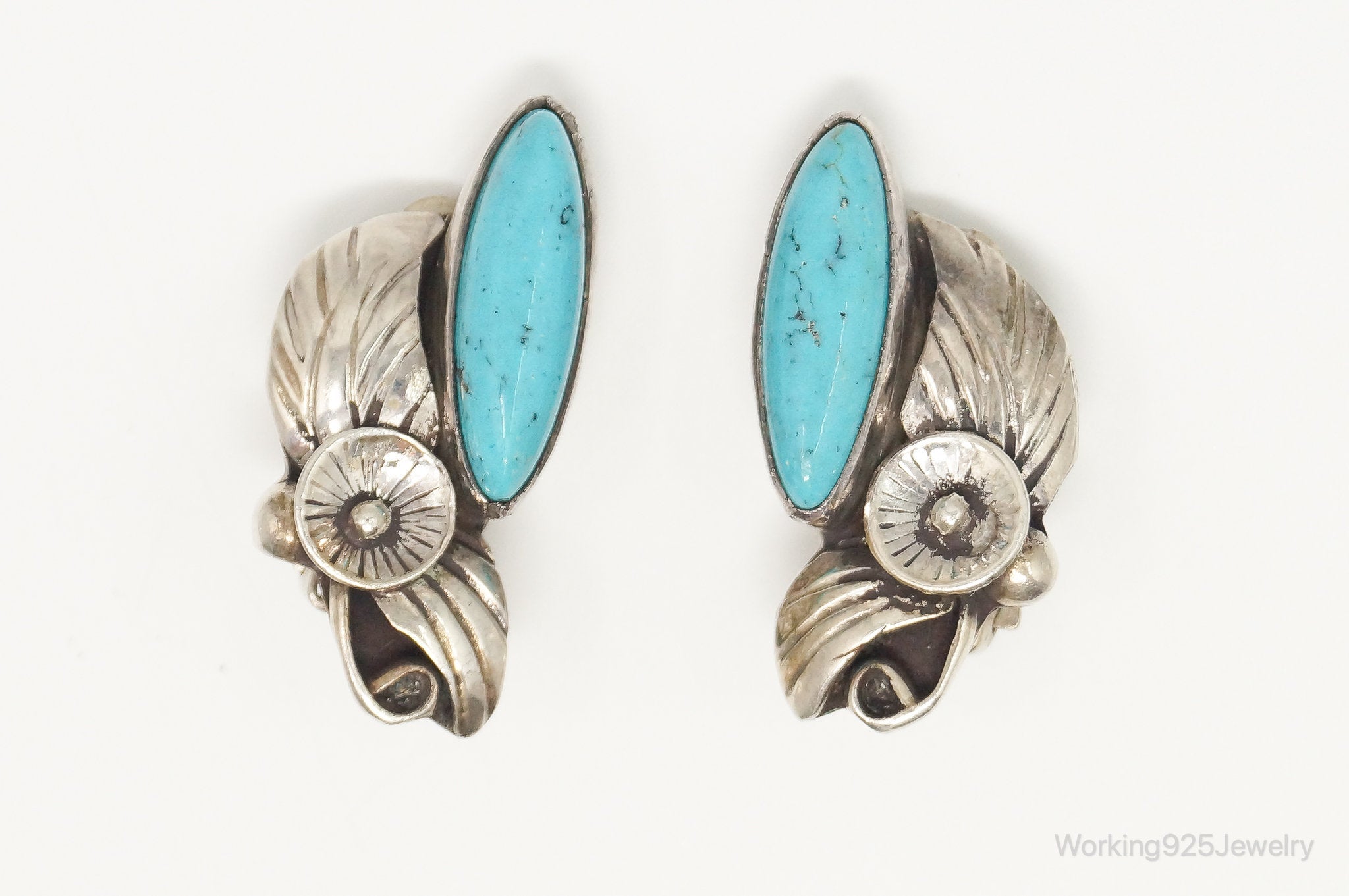 Vintage Native American Milton Lee Turquoise Sterling Silver Clip On Earrings