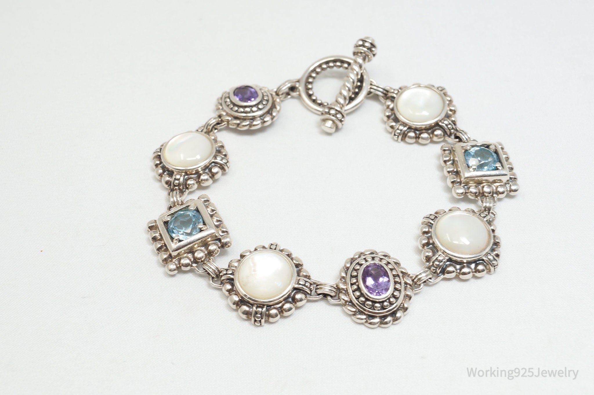 Vintage Multi Gem Amethyst Blue Topaz Mother Of Pearl Sterling Silver Bracelet