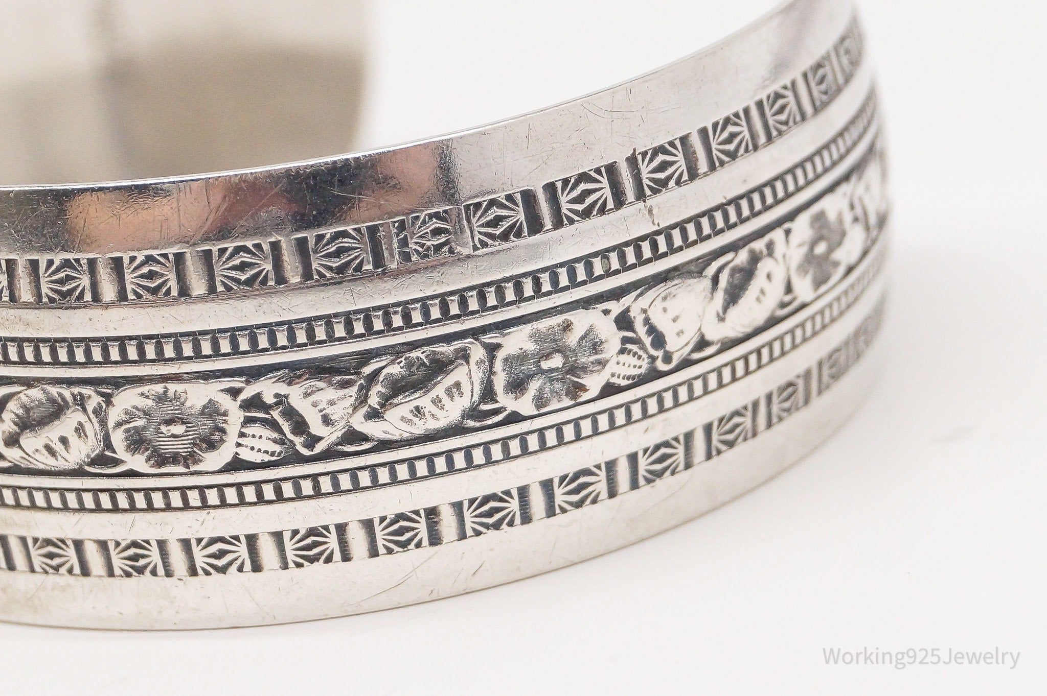 Antique Designer Danecraft Floral Sterling Silver Wide Cuff Bracelet 6.75"