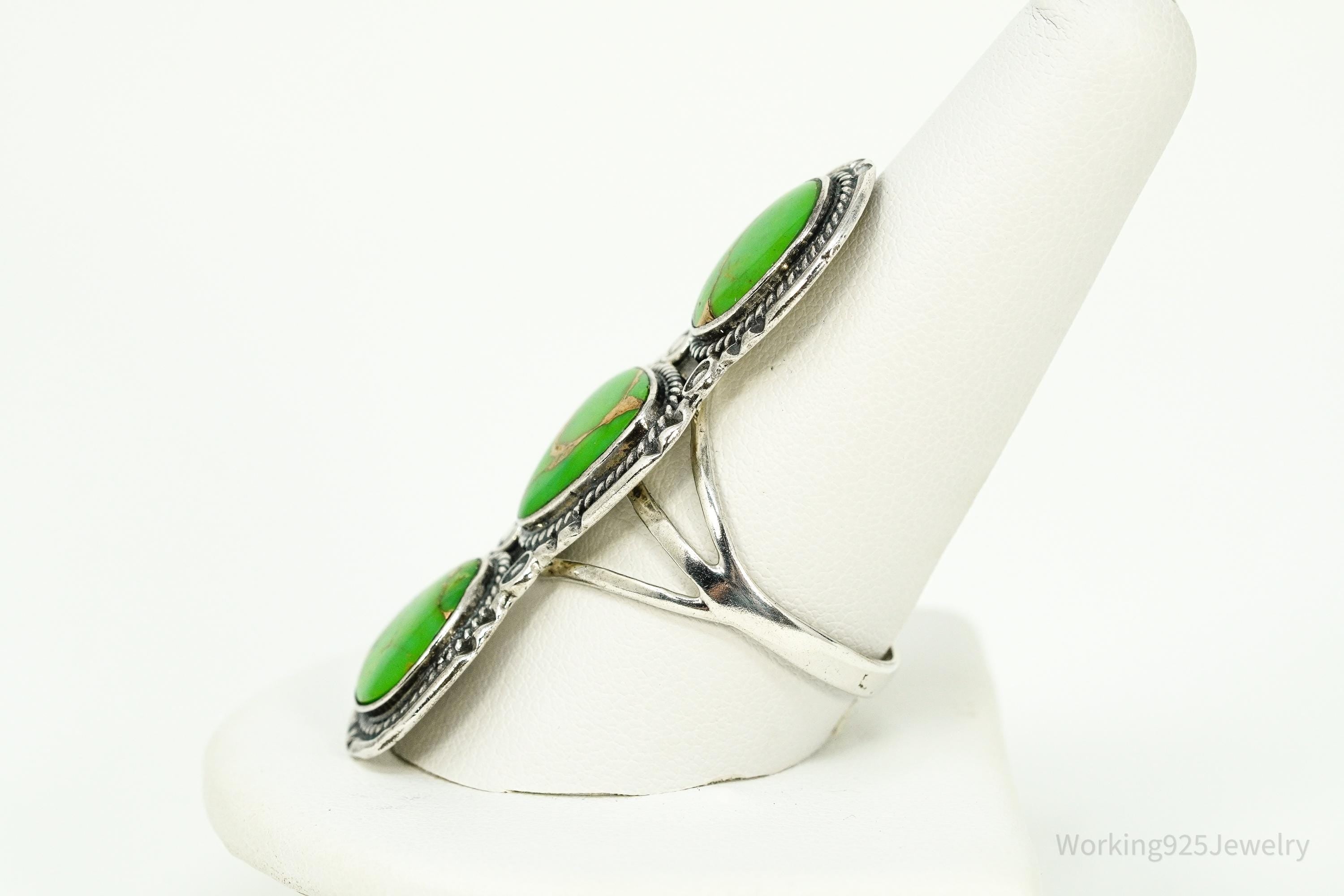 Vintage Green Copper Turquoise Sterling Silver Ring - Size 11.5