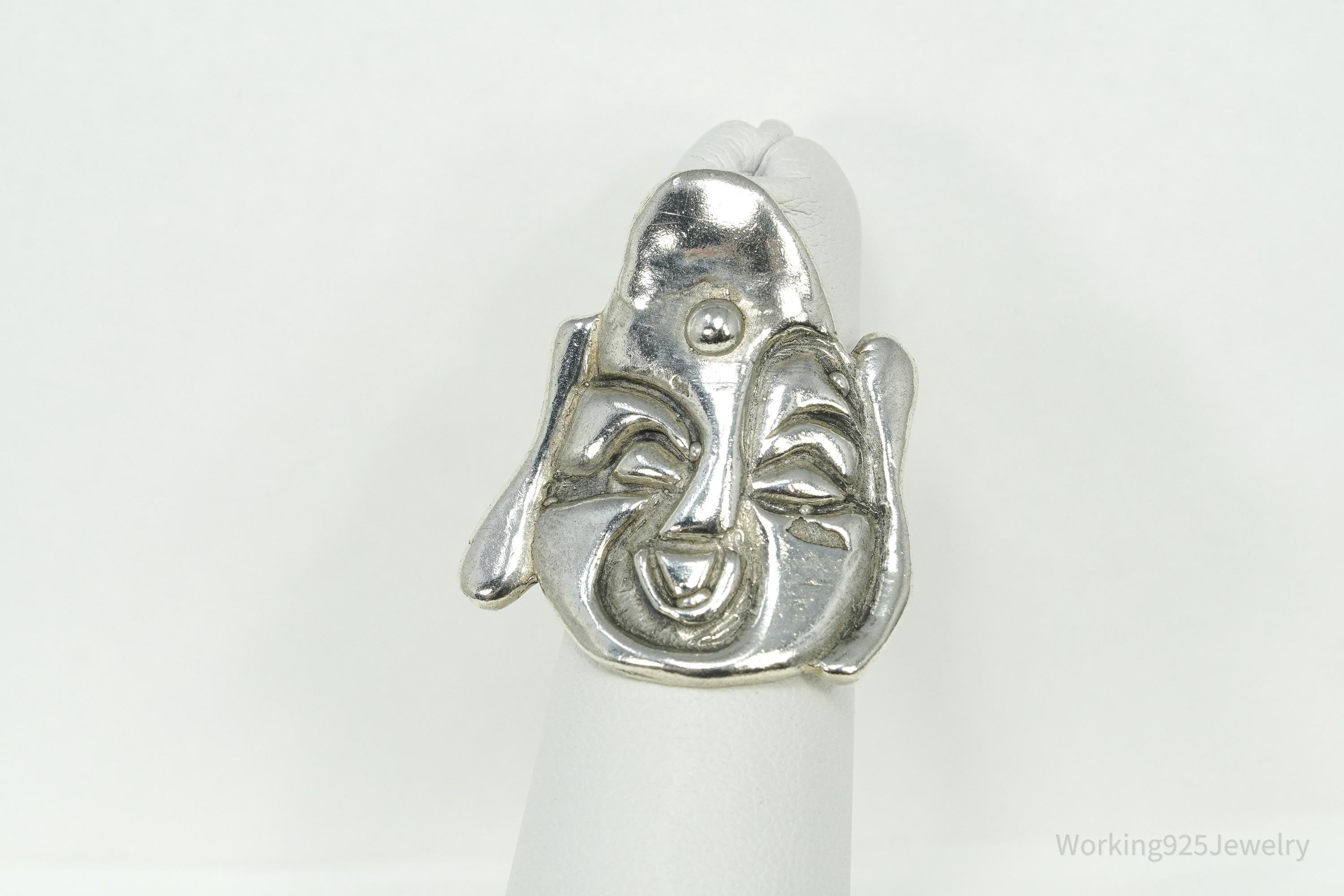 Vintage Large Buddha Head Silver Ring - Size 4.5