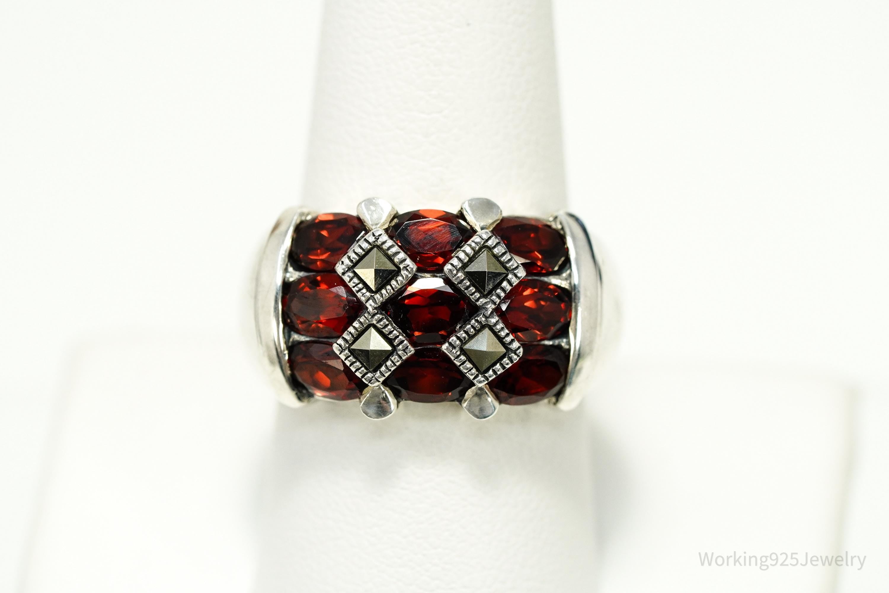 Vintage Garnet & Marcasite Sterling Silver Ring Size 9