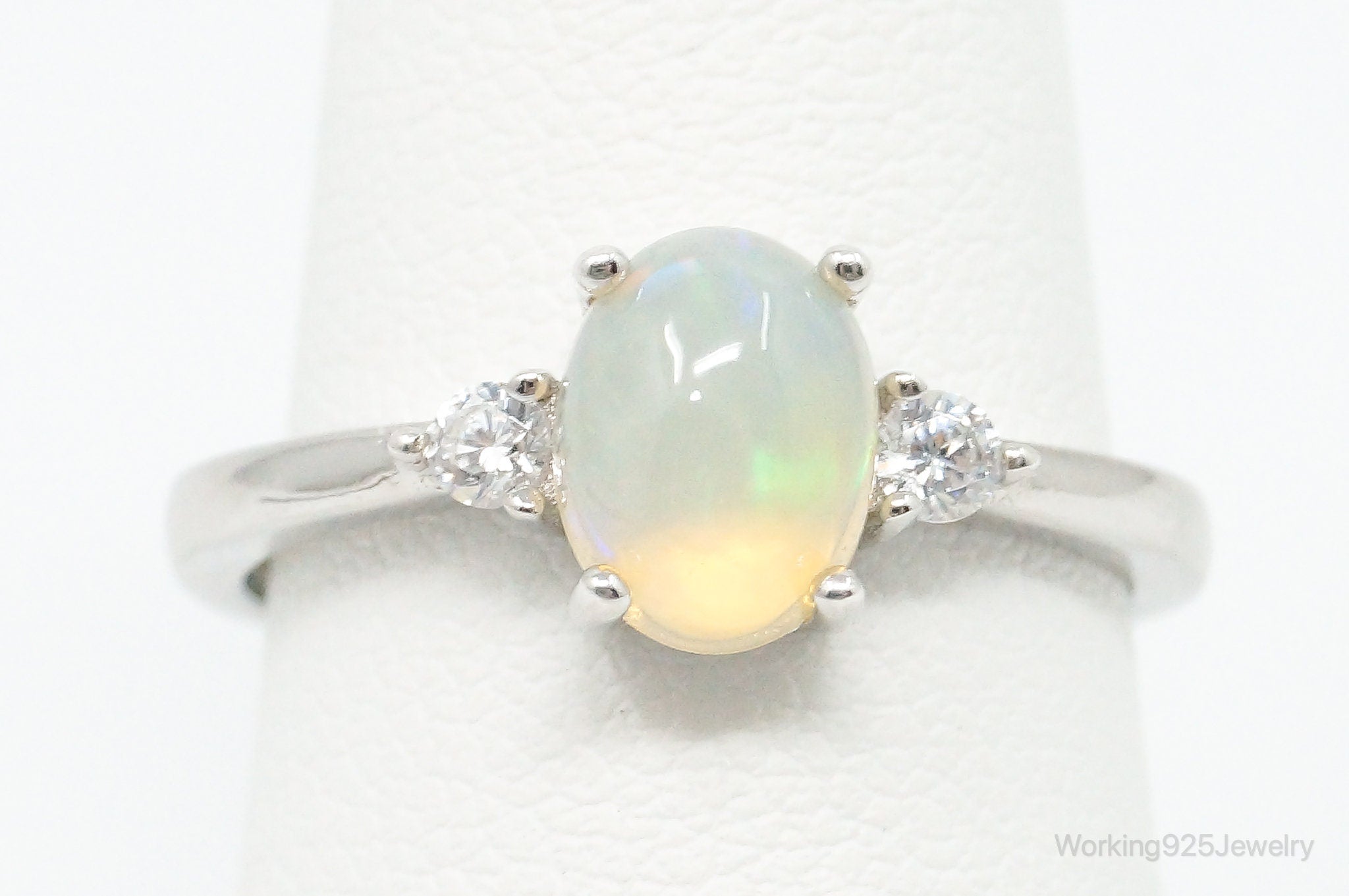 Vintage Opal Cubic Zirconia Sterling Silver Ring - Size 7.5 Adjustable