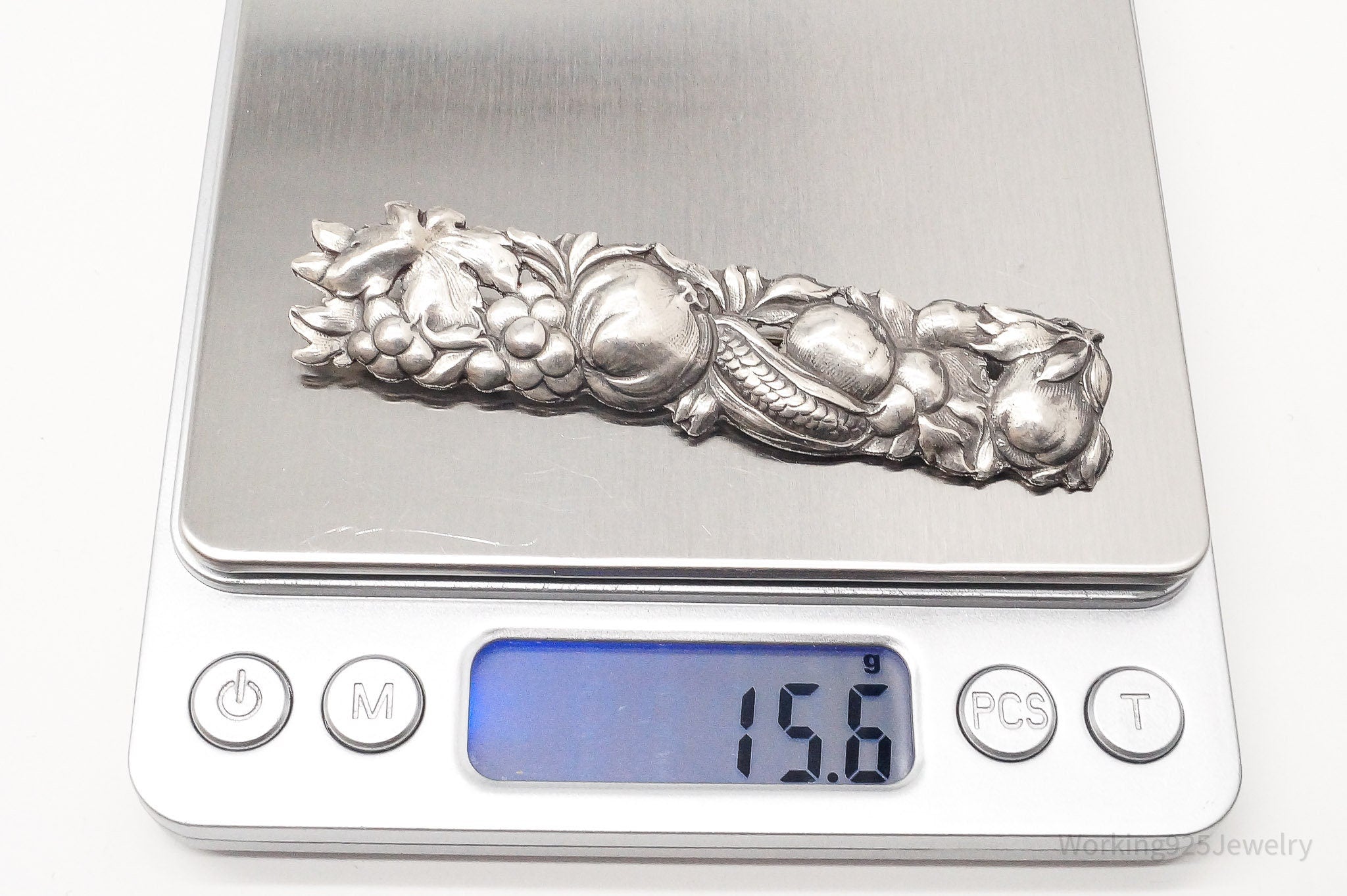 Large Rare Antique Vegetable Harvest Sterling Silver Repousse Brooch Pin