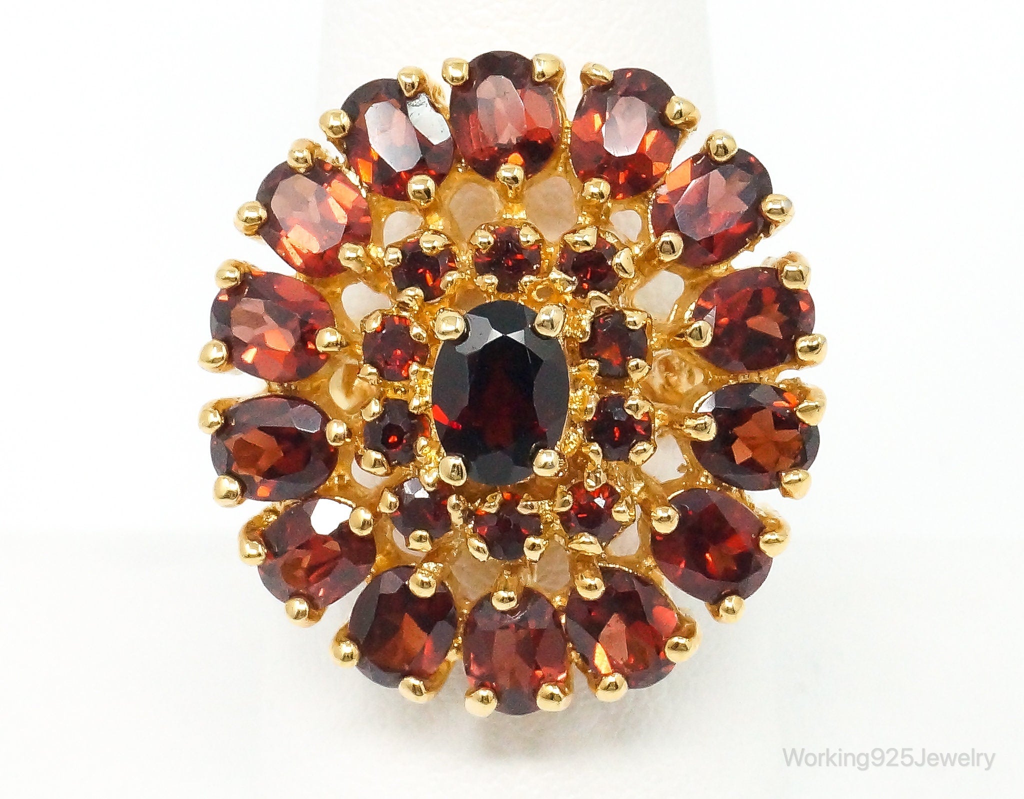 Vintage Red Garnet Cluster Gold Vermeil Sterling Silver Statement Ring Size 8