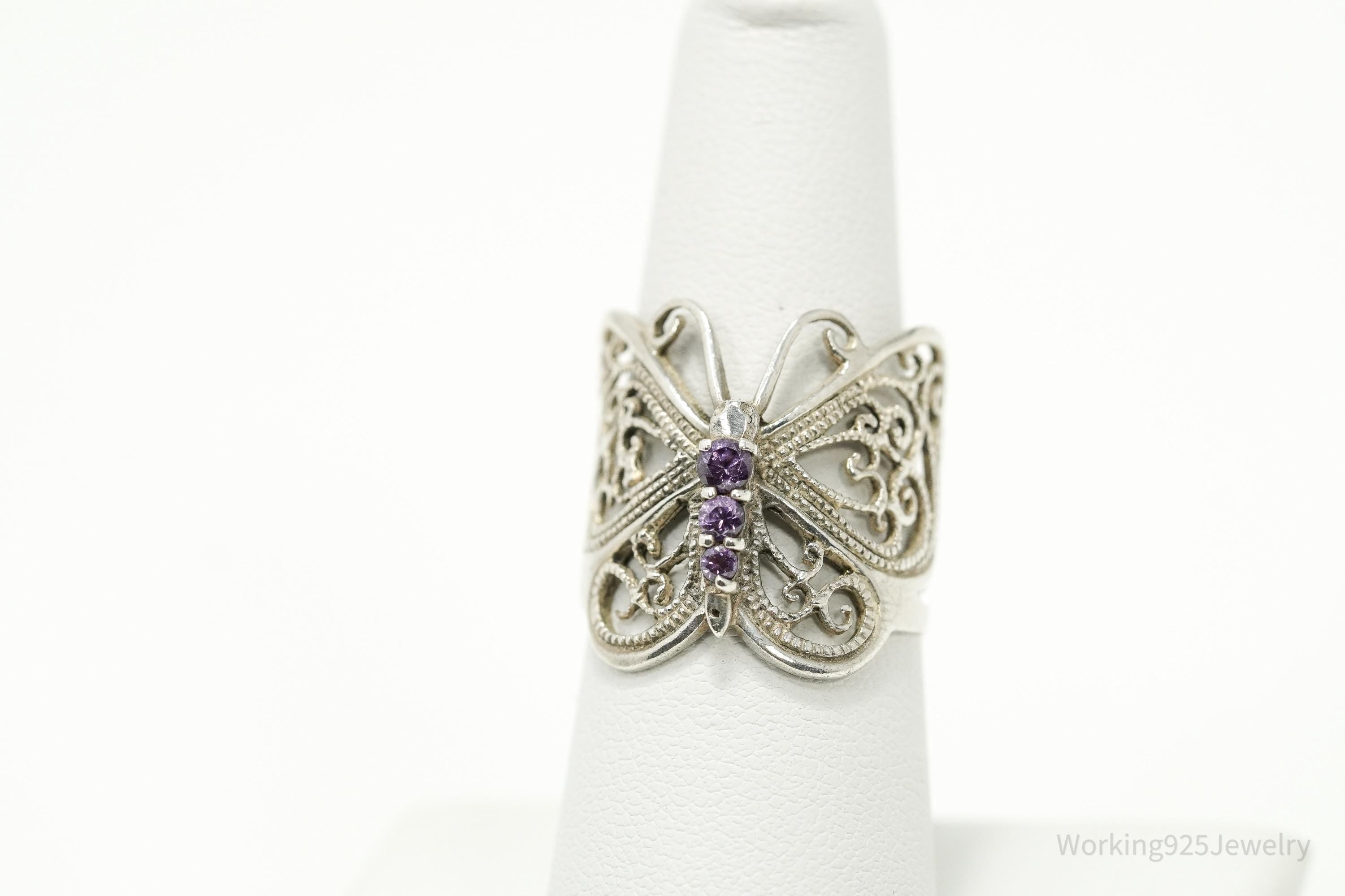 Vintage Amethyst Butterfly Sterling Silver Ring - Size 7.75