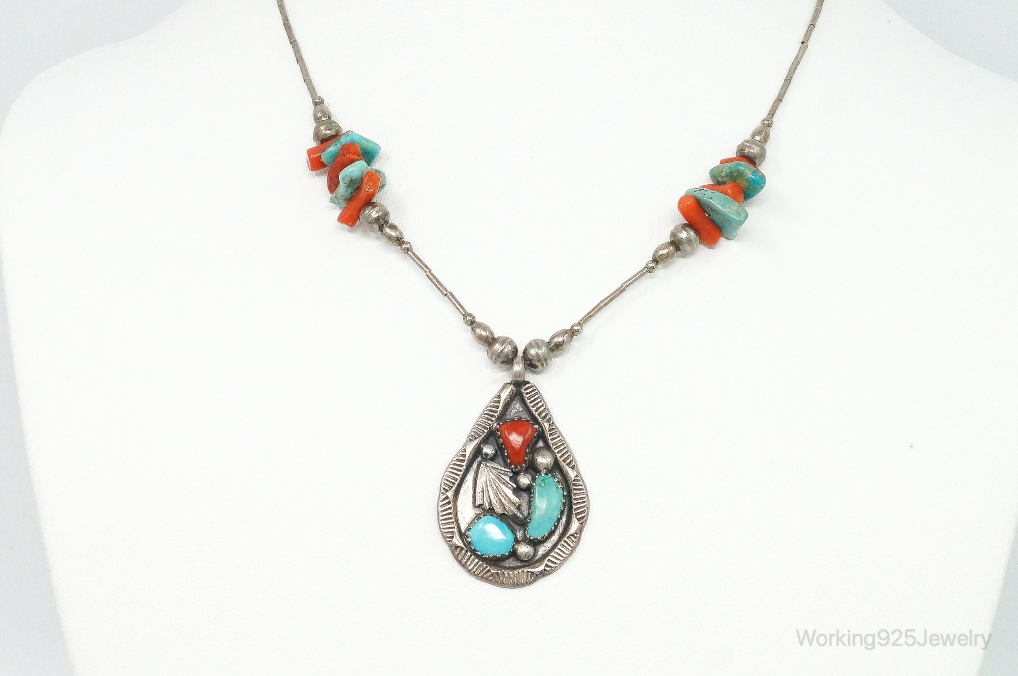 Vintage Native American Zuni Turquoise Coral Sterling Silver Necklace