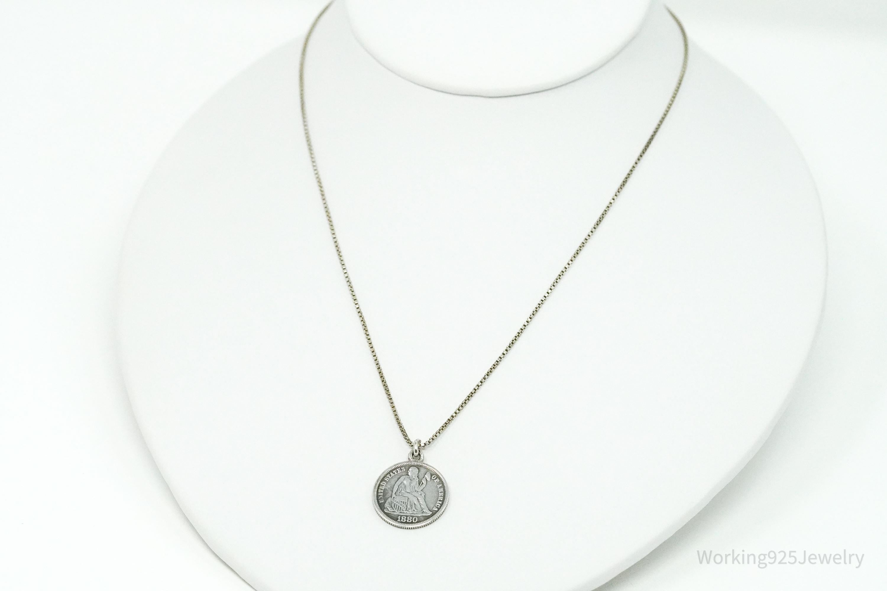 Antique Vintage 1880 Seated Liberty Dime Coin Sterling Silver Chain Necklace - 16"