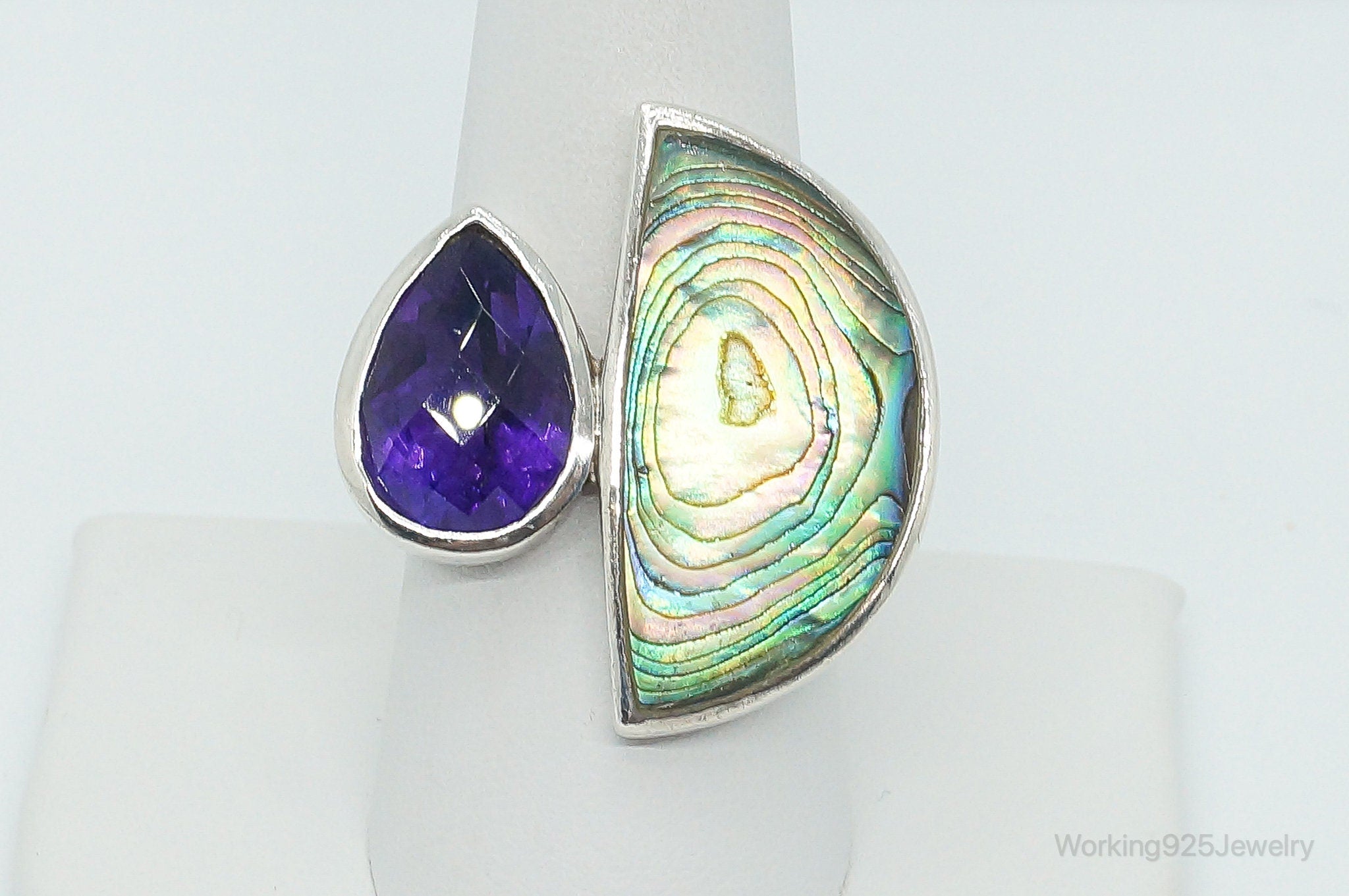 Vintage Paua Abalone Shell Amethyst Sterling Silver Ring - Size 9.25