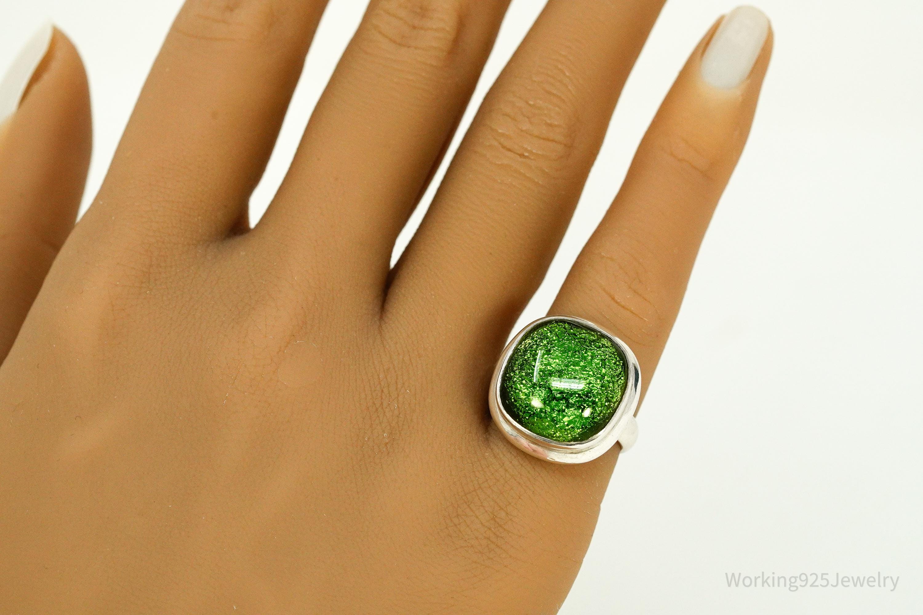 Vintage Green Dichroic Glass Sterling Silver Ring - Size 6