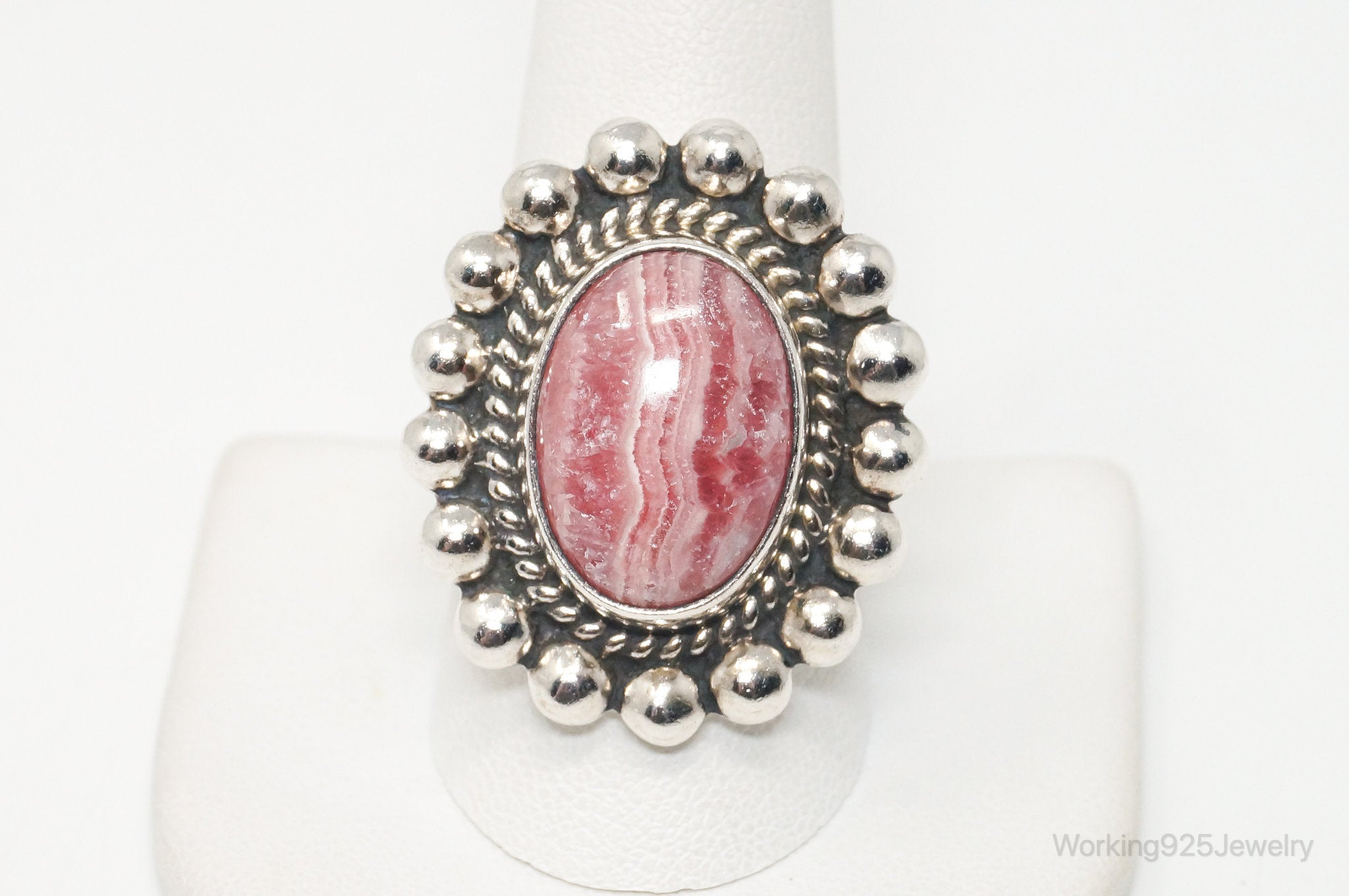 Vintage Mexico Artisan MWS Rhodochrosite Southwest Sterling Silver Ring Sz 9.75