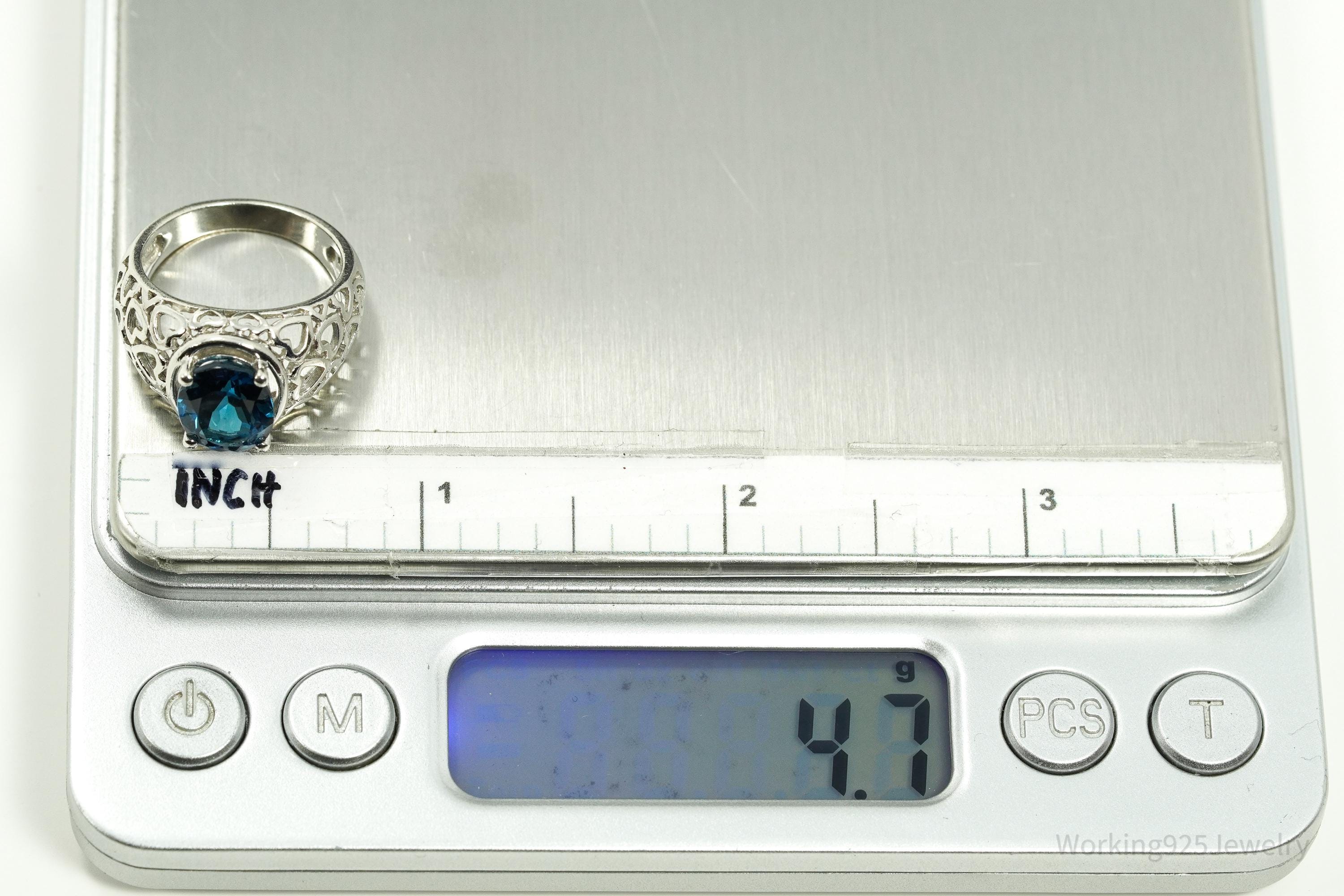 Vintage London Blue Topaz & Hearts Pattern Sterling Silver Ring - Size 6