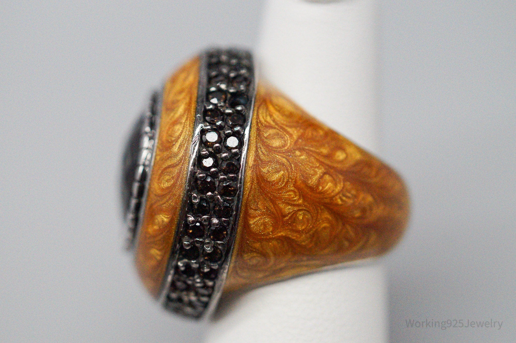 Vintage Large Smoky Topaz & Enamel Sterling Silver Ring - Size 5.75