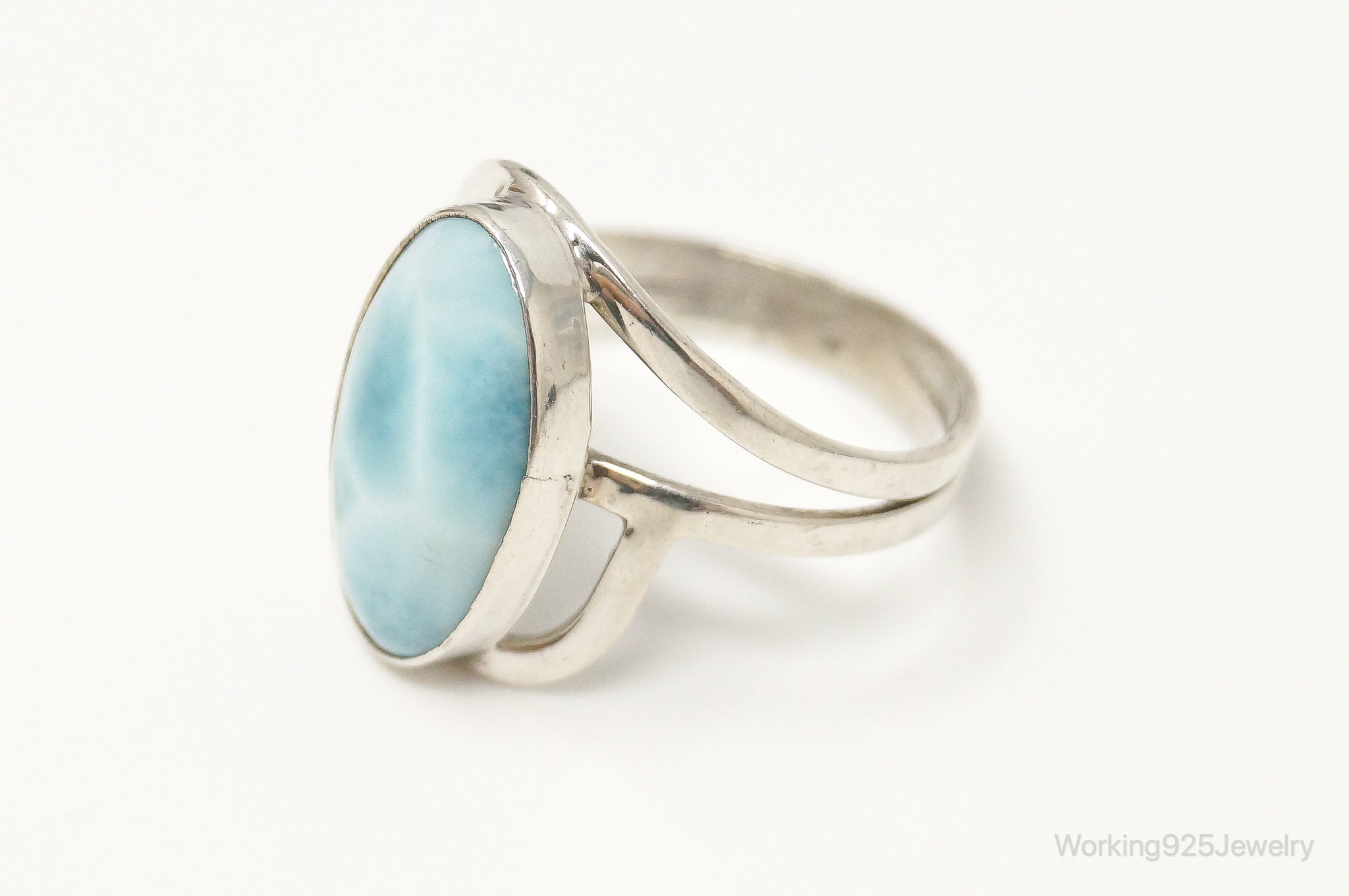 Vintage Blue Larimar Modernist Sterling Silver Ring - Size 6.25