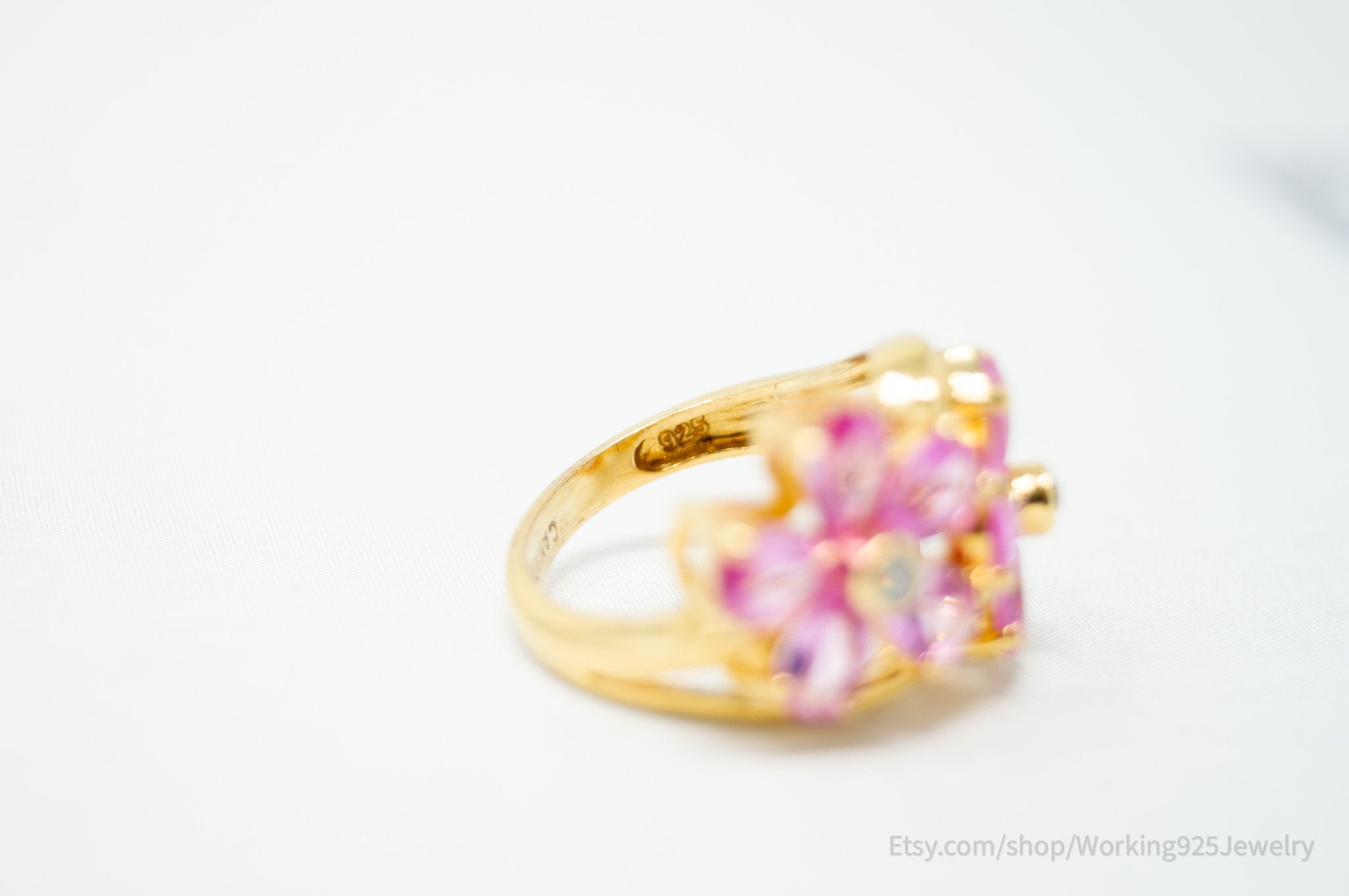 Vintage Pink Topaz Gold Vermeil CZ Statement Ring Sterling Silver - Size 5.75