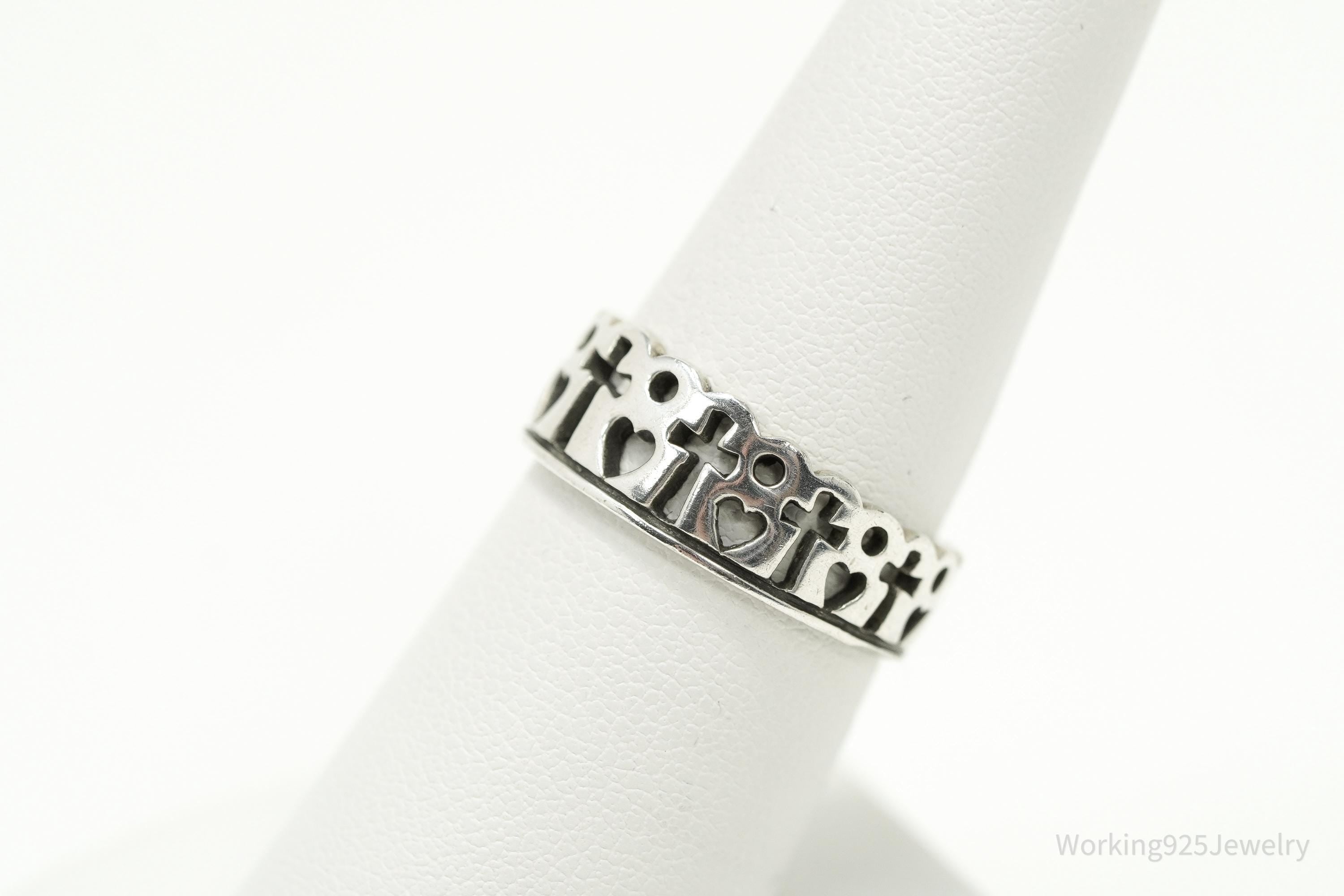 Vintage Hearts & Crosses Silver Ring - Size 7.5