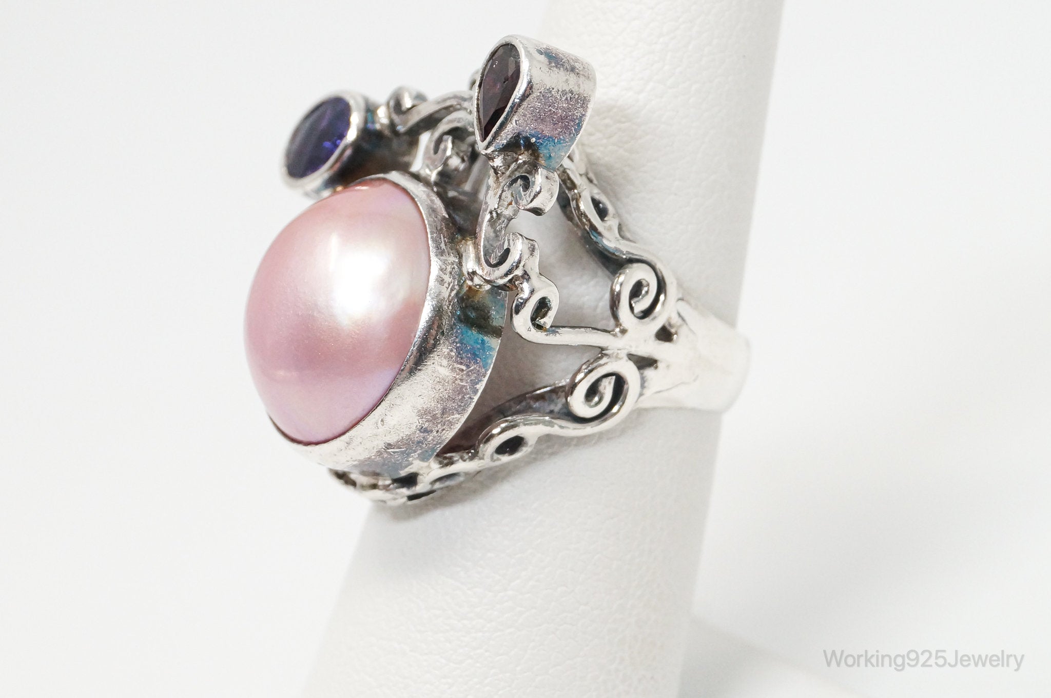Designer BC Pink Pearl Amethyst Garnet Sterling Silver Statement Ring SZ 6.25