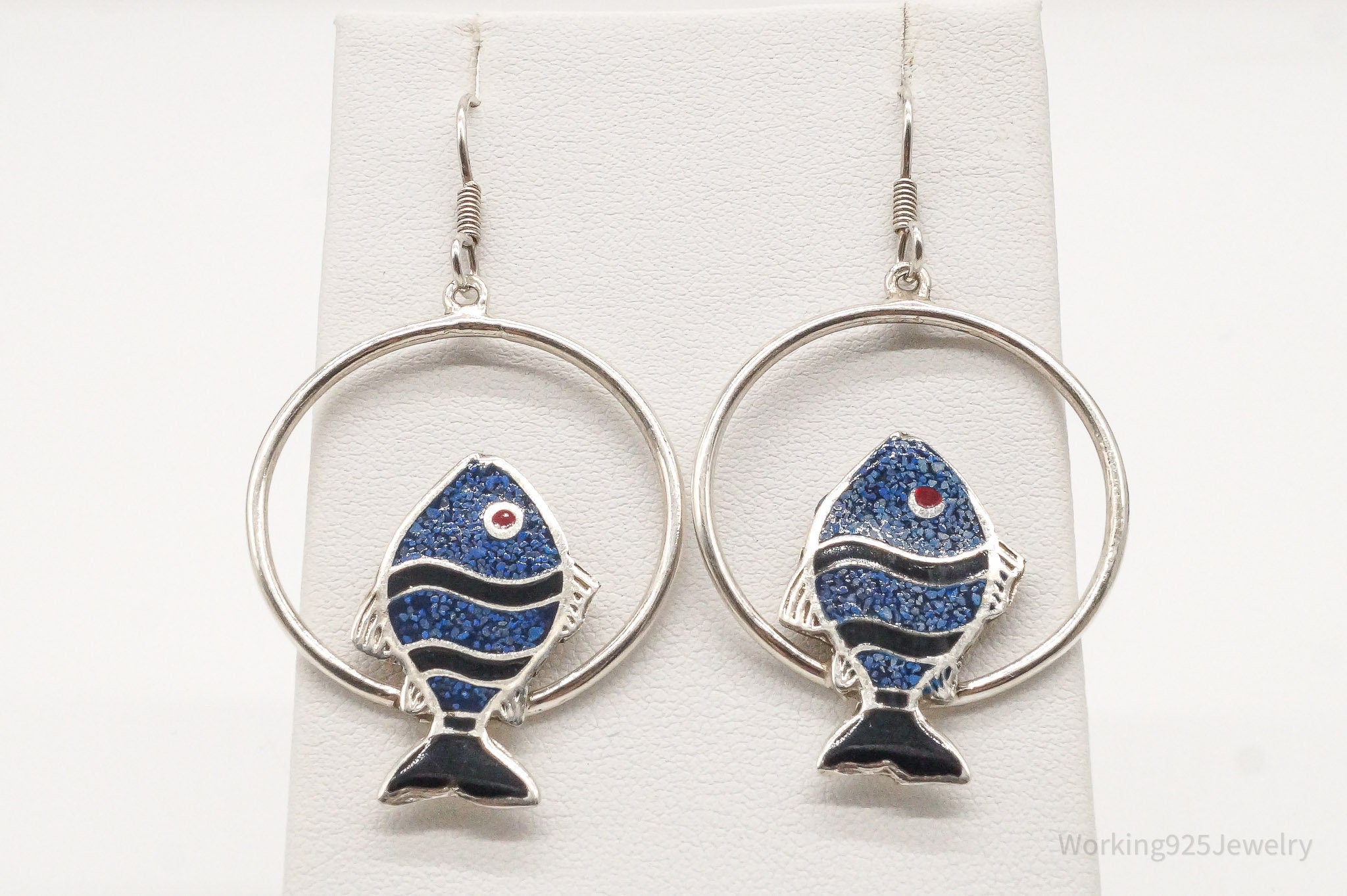 Vintage Mexico Lapis Lazuli Coral Black Onyx Fish Sterling Silver Earrings