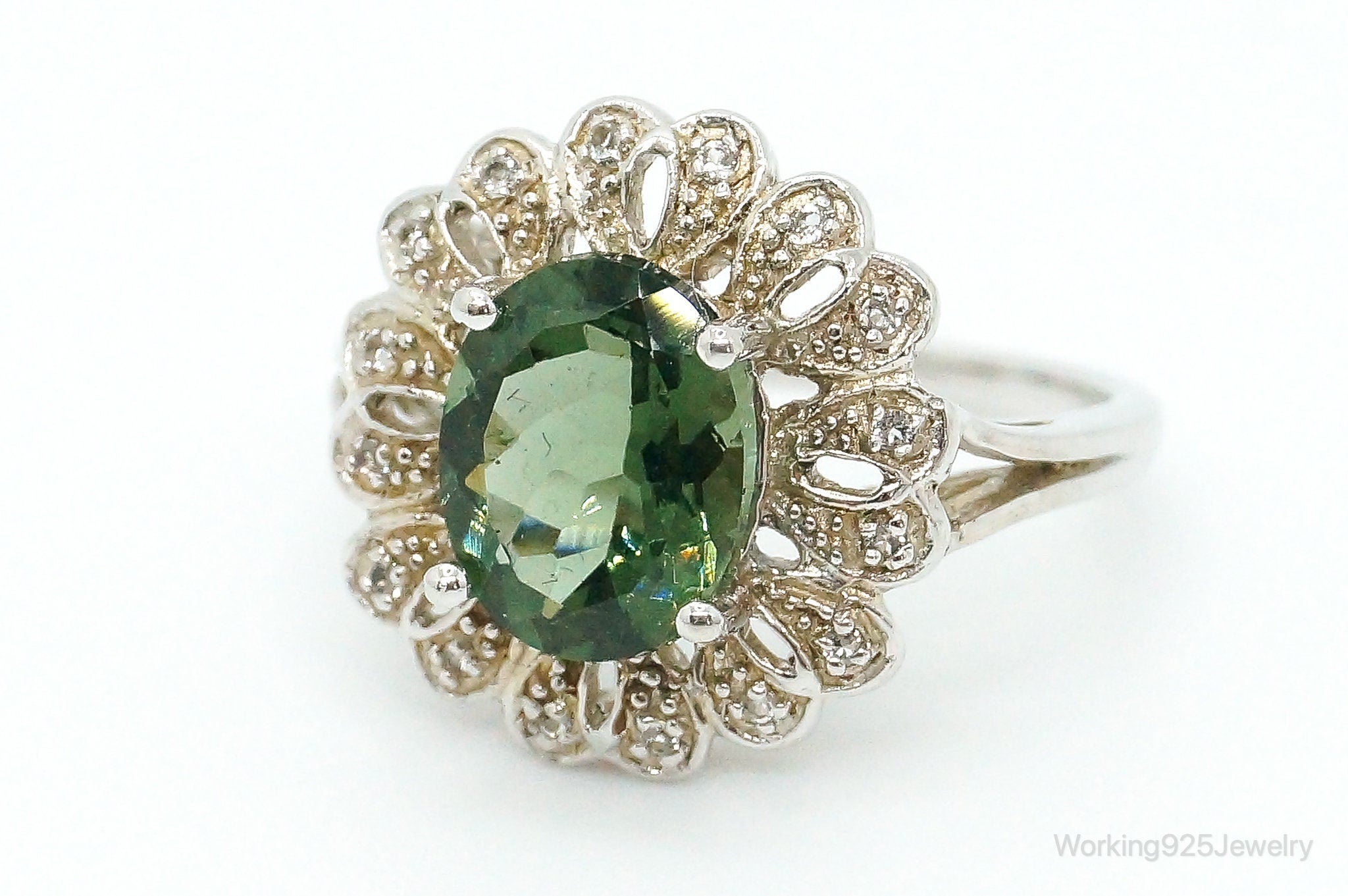 Vintage Peridot Cubic Zirconia Sterling Silver Ring - Size 7.25