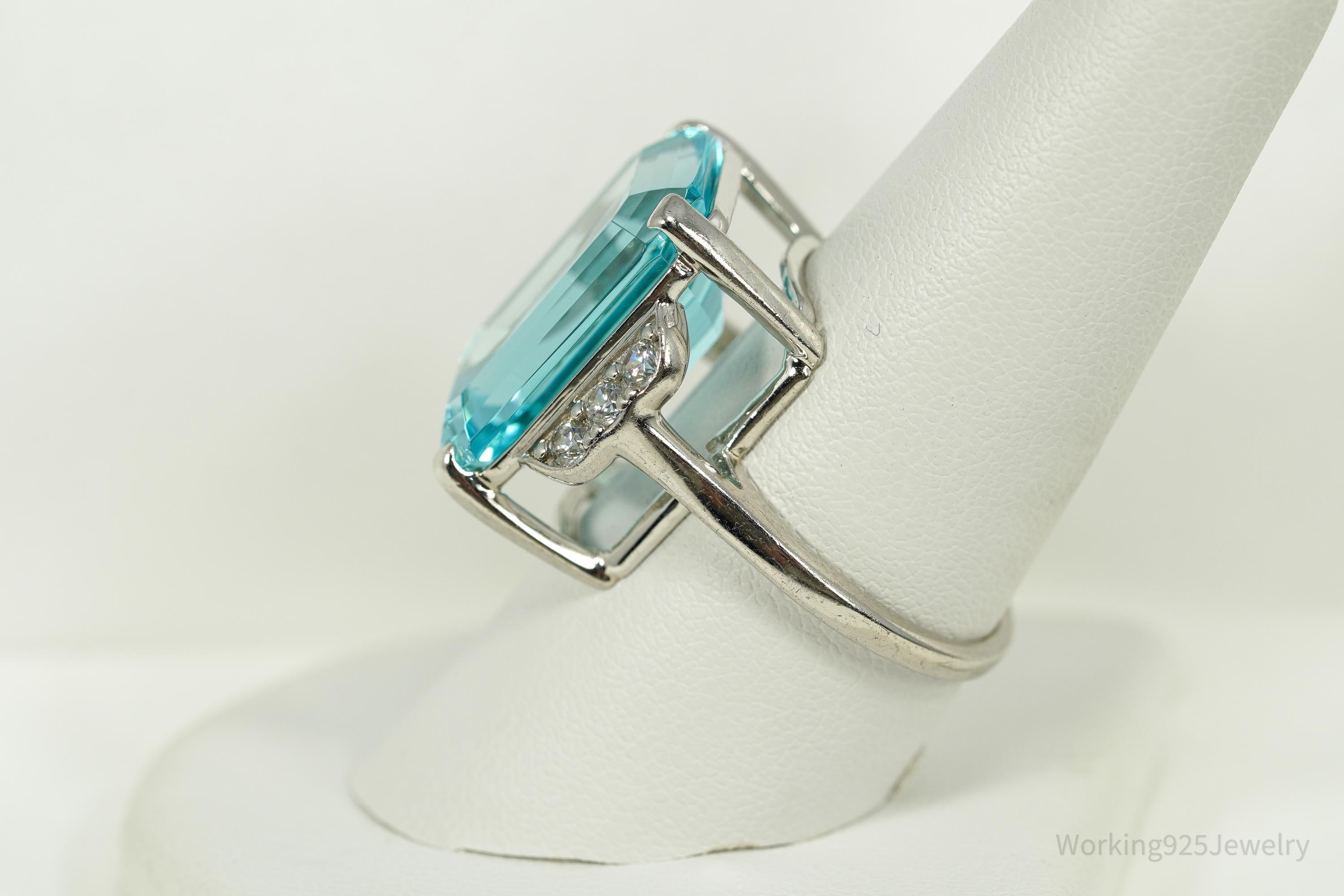 Vintage Large Blue Topaz & Cubic Zirconia Sterling Silver Ring - Size 9