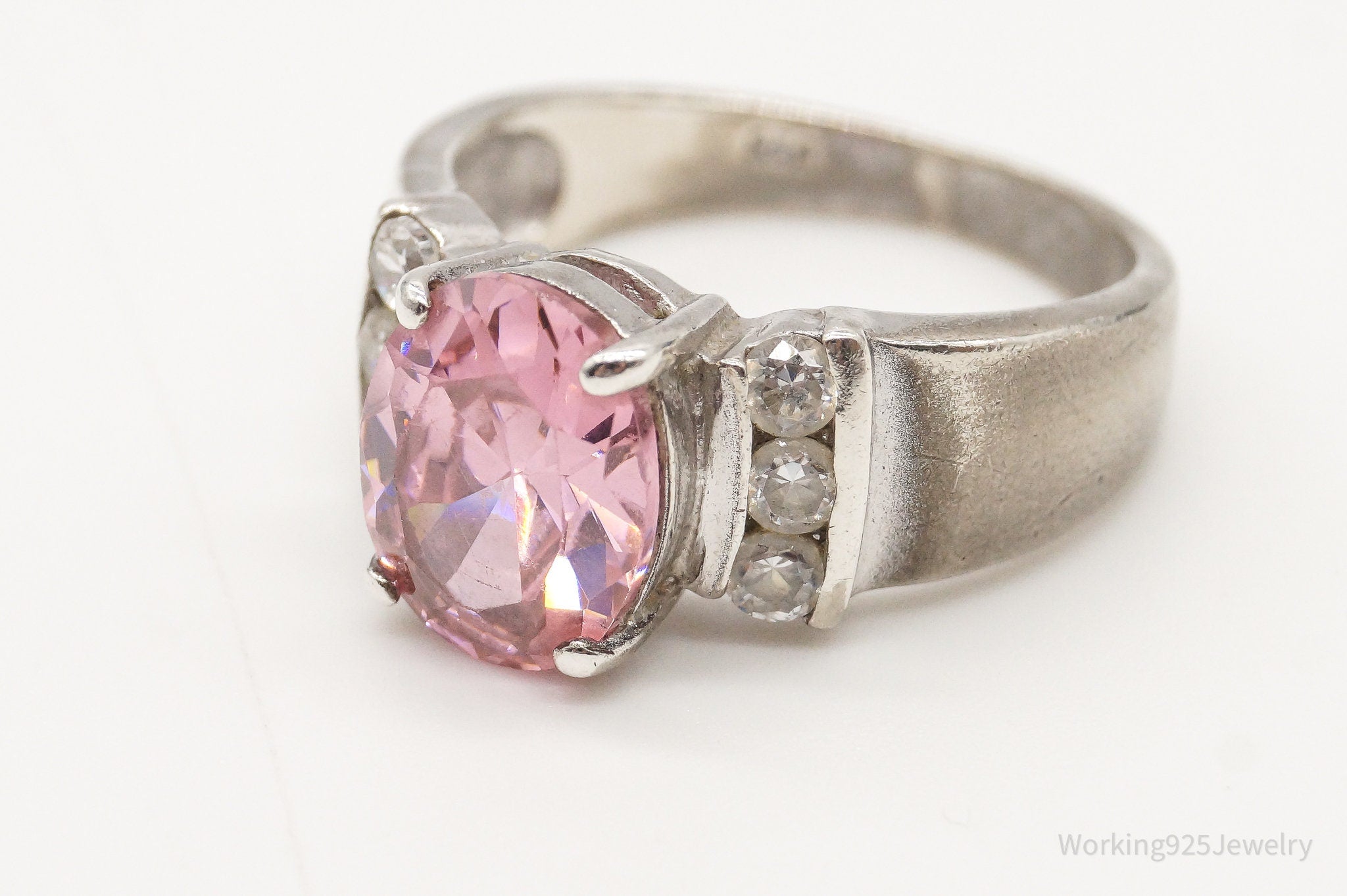 Vintage Pink & White Cubic Zirconia Sterling Silver Ring - Size 6.75