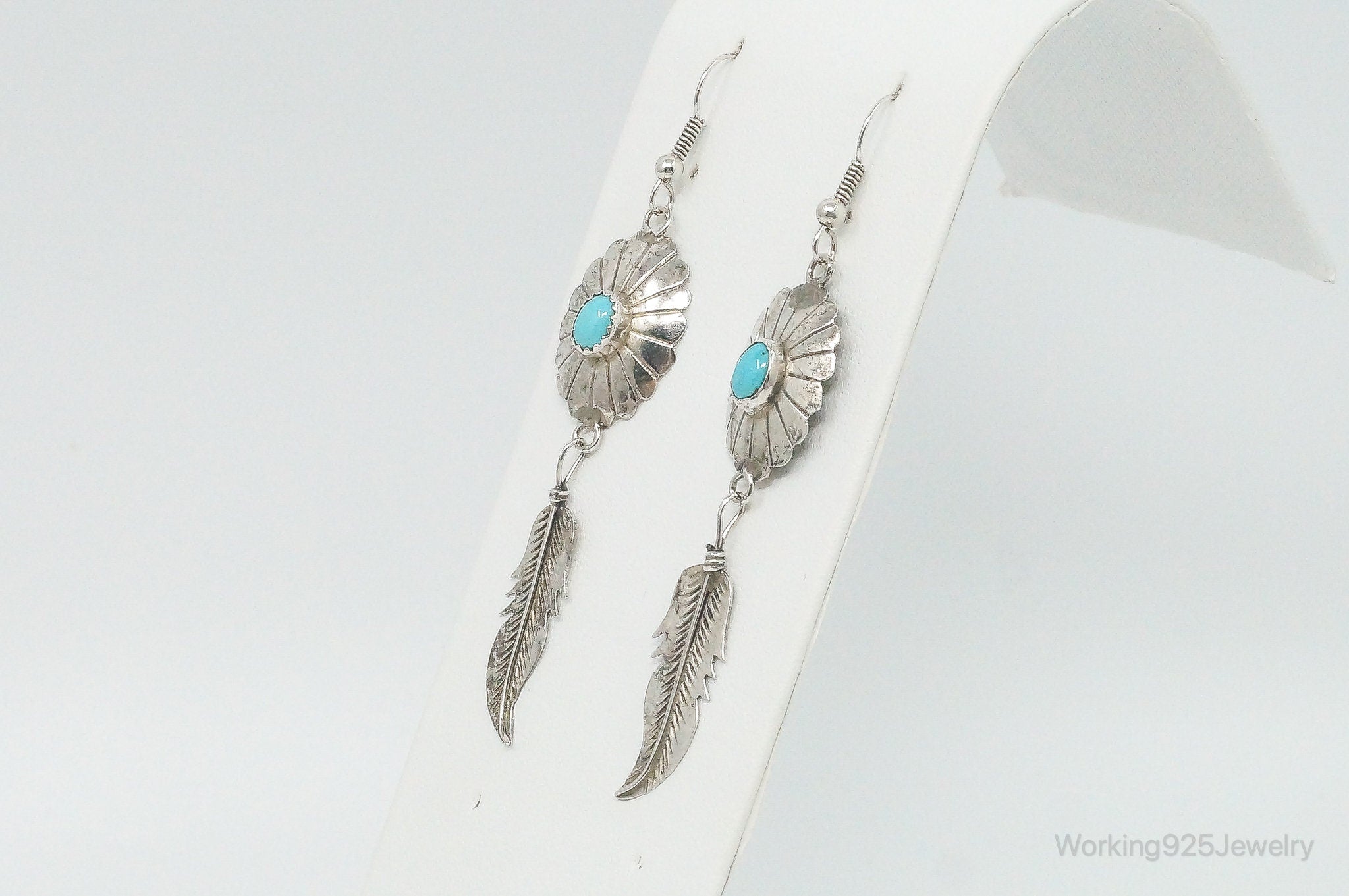 Vintage Native American Turquoise Feather Sterling Silver Earrings