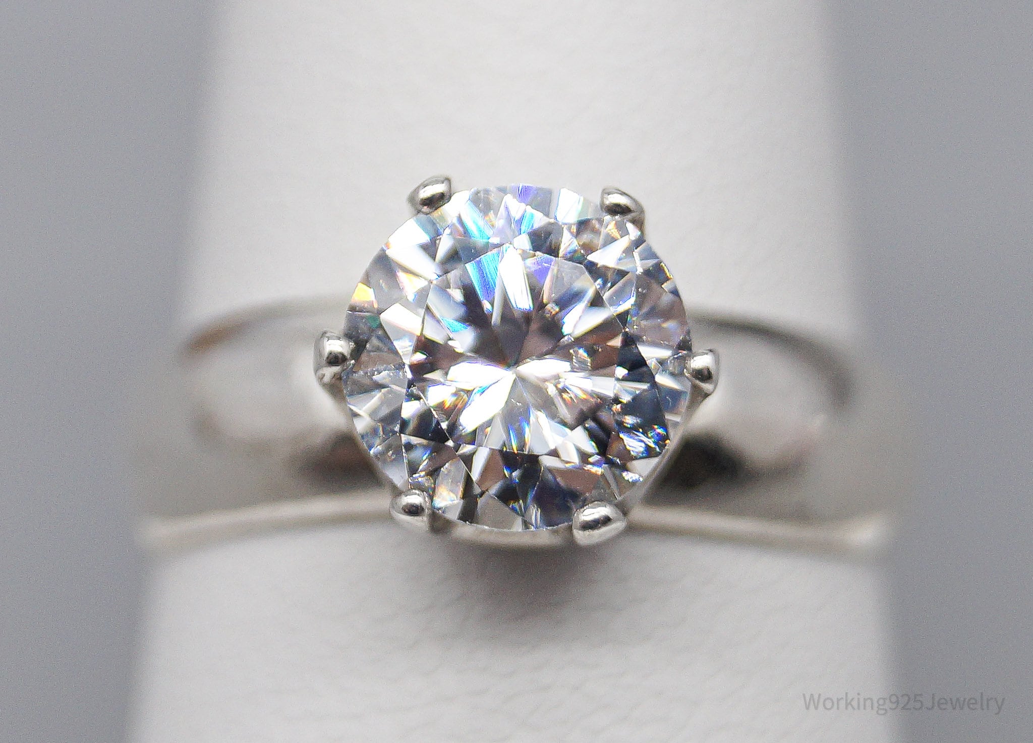 Vintage Large Cubic Zirconia Sterling Silver Polish Ring - Size 7.75