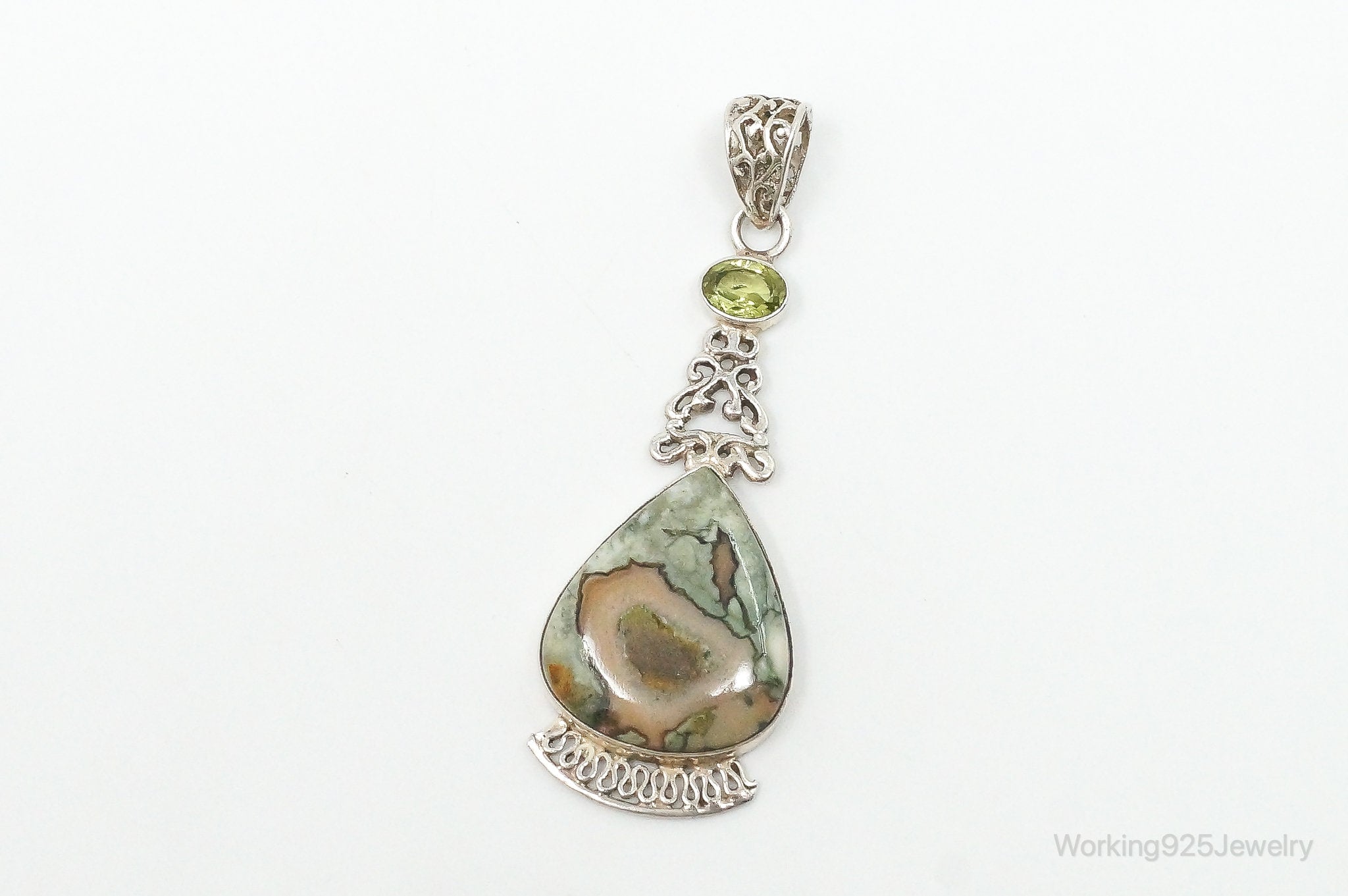 Vintage Large Jasper Peridot Sterling Silver Necklace Pendant