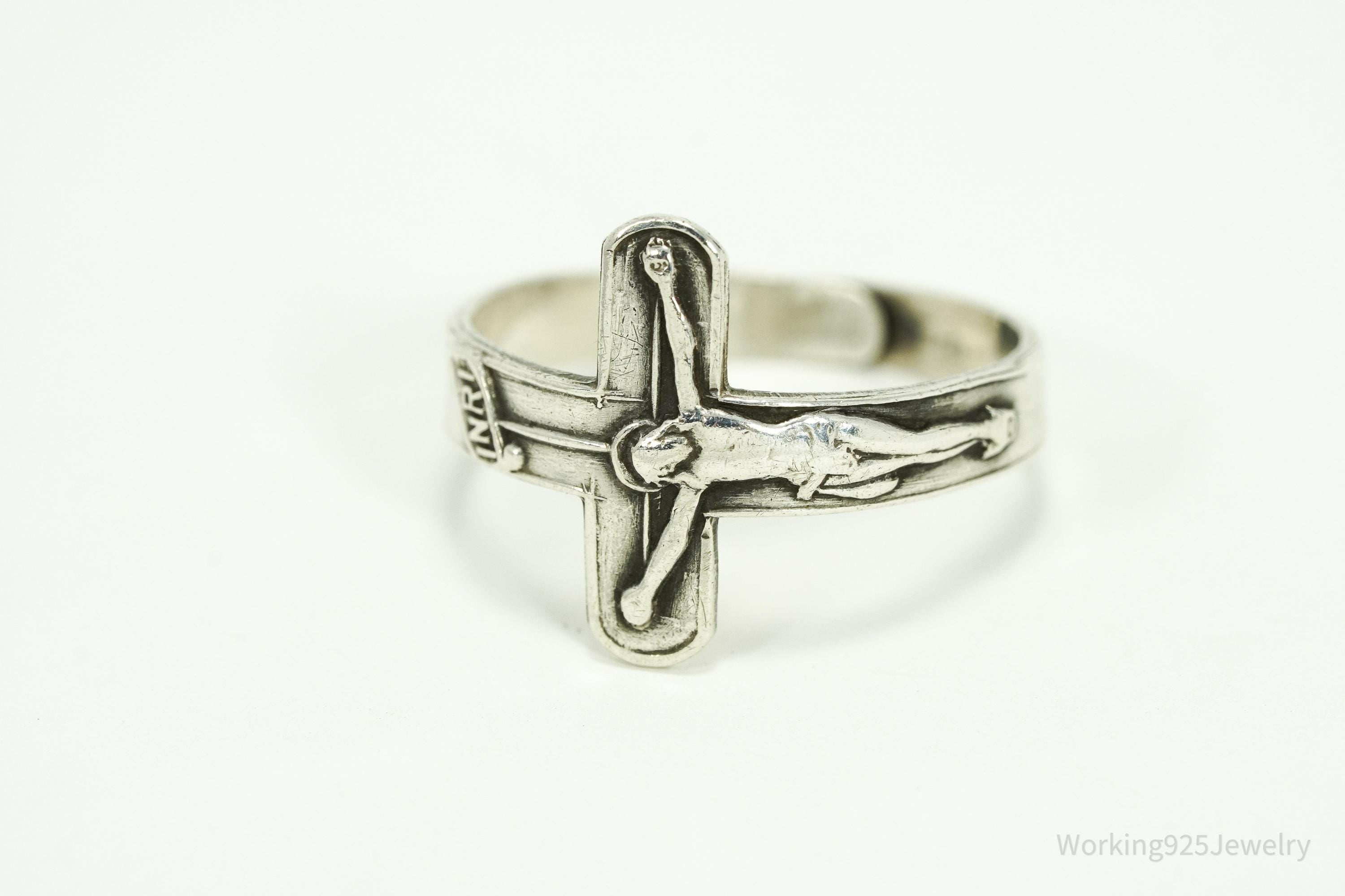 Vintage Crucifix Cross Sterling Silver Ring - Size 8.75 Adjustable