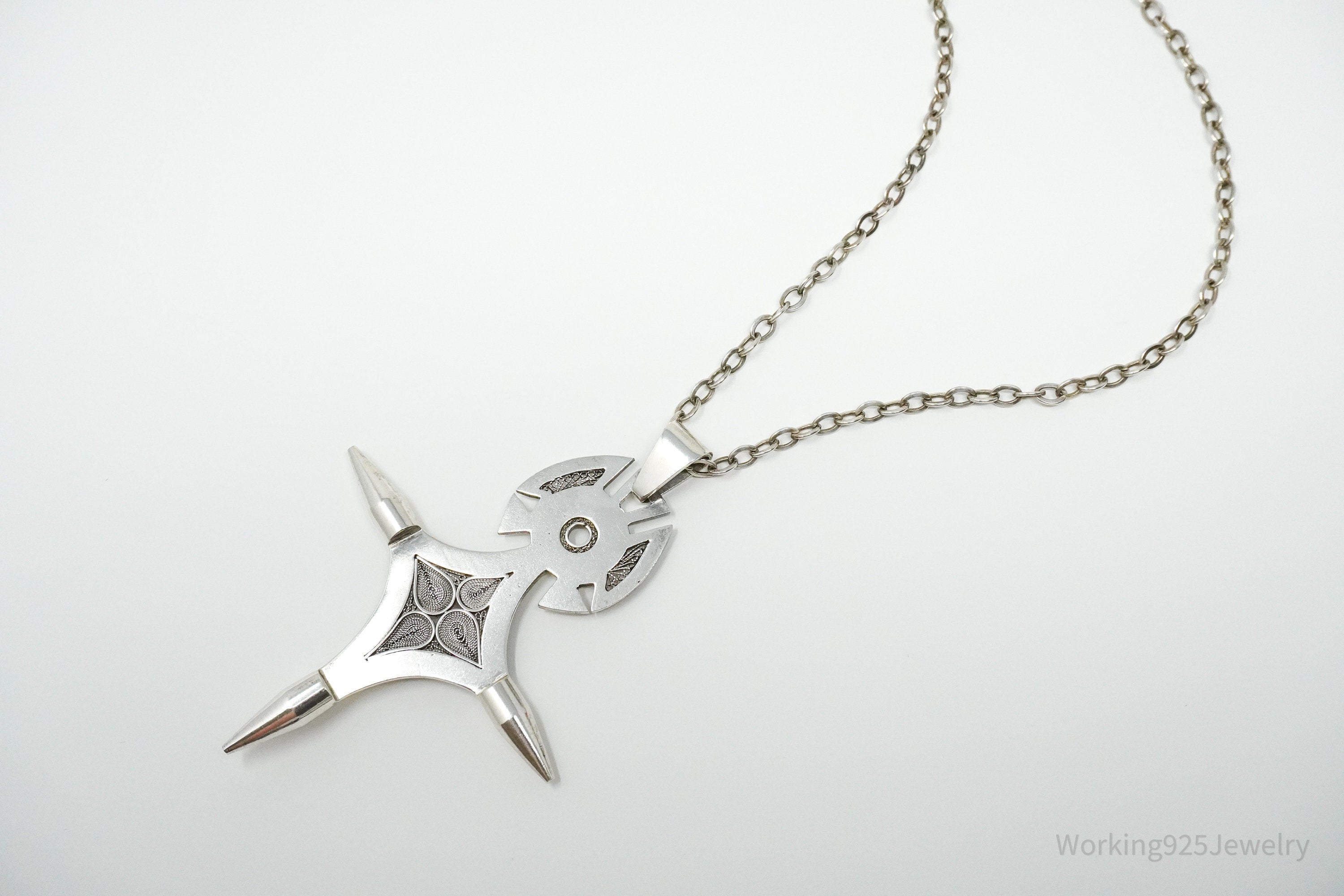 Vintage Large African Cross Silver Necklace 24"